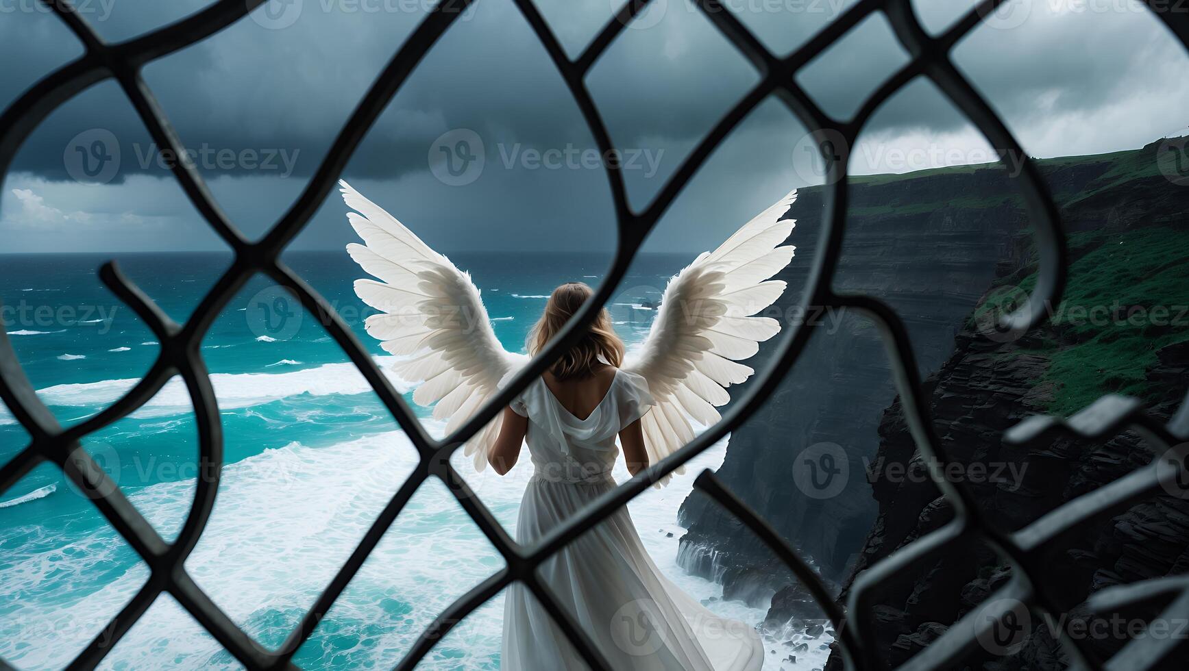 Angel with Wings Stands by Ocean View photo