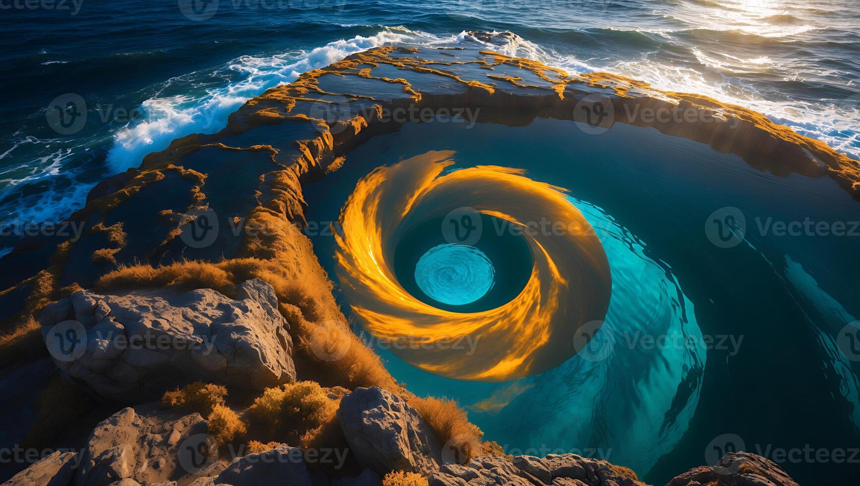 Ocean Vortex Art on Rocky Shore photo