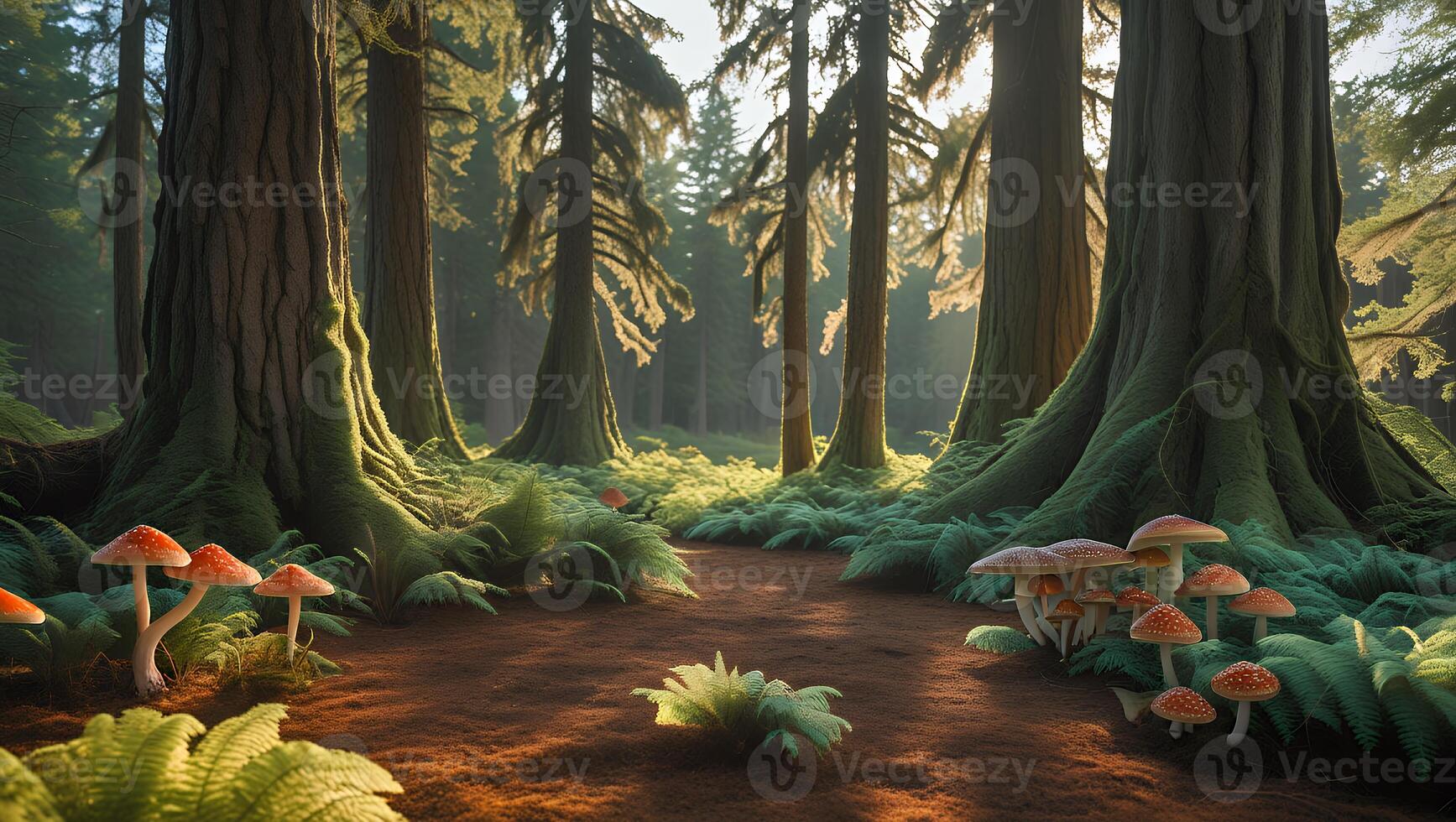Mushroom in Forest with Fern and Sunlight photo