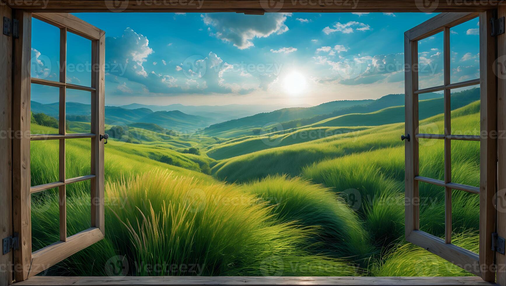 Rolling Green Hills Seen Through Open Window photo
