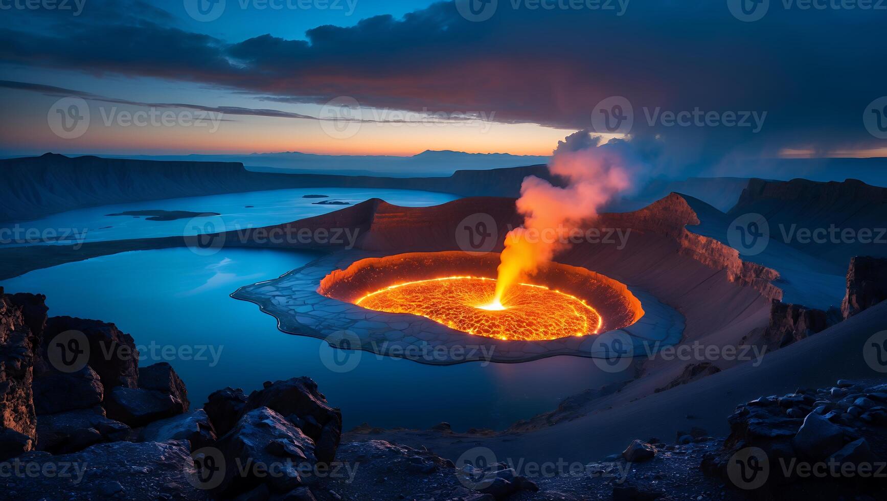Volcano Crater Lake with Lava Eruption at Twilight photo