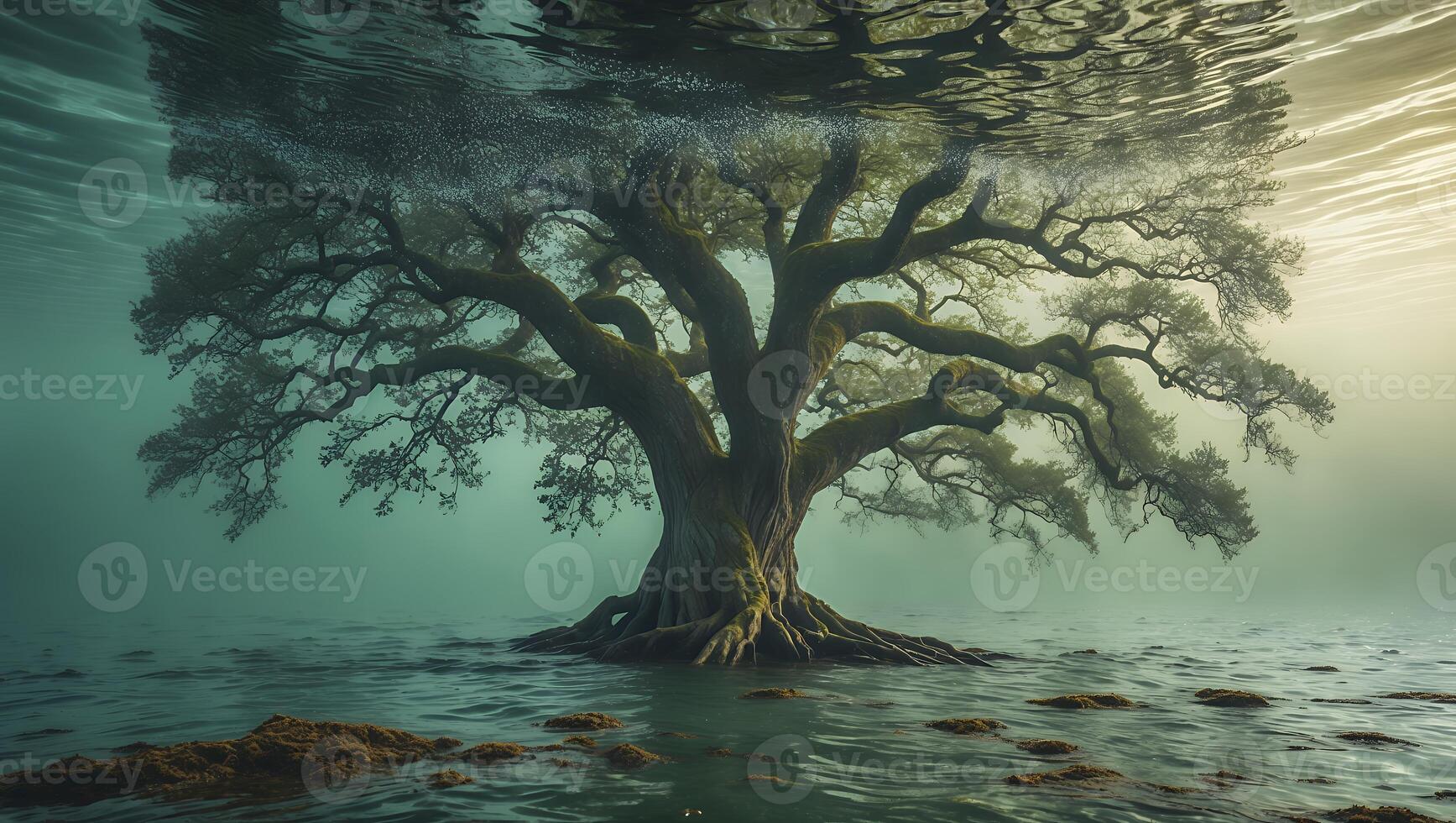 Underwater Tree in Misty Lake photo
