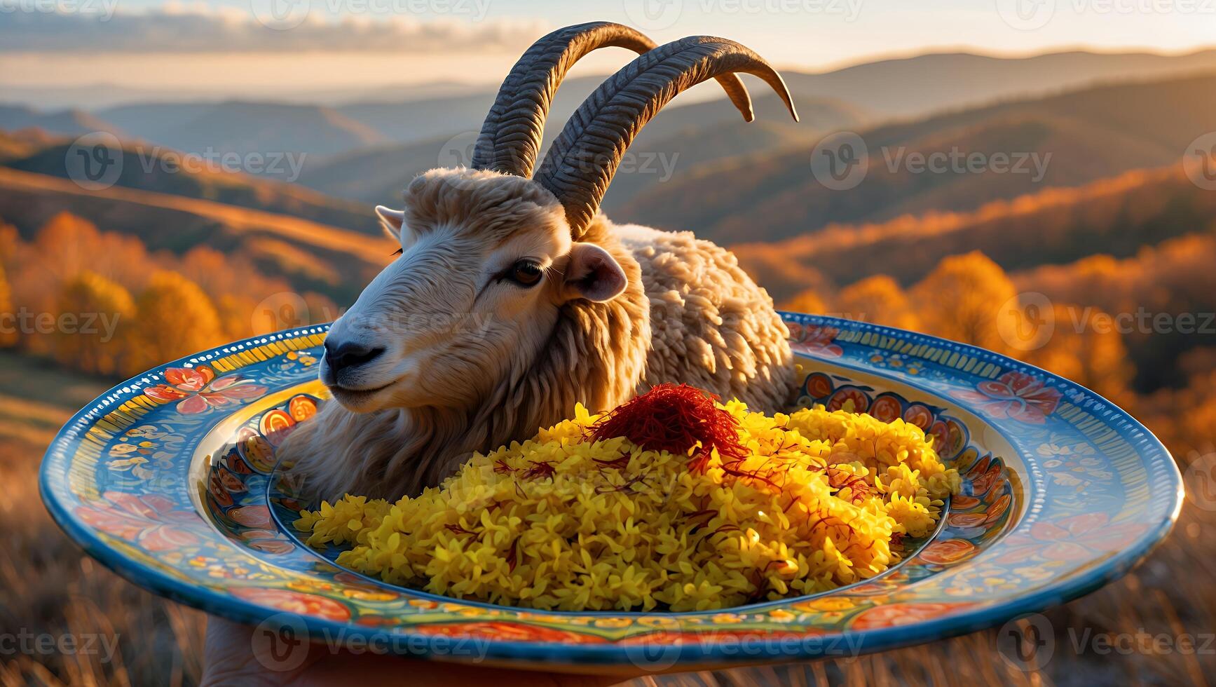 Goat with Rice and Saffron on Ornamental Plate photo