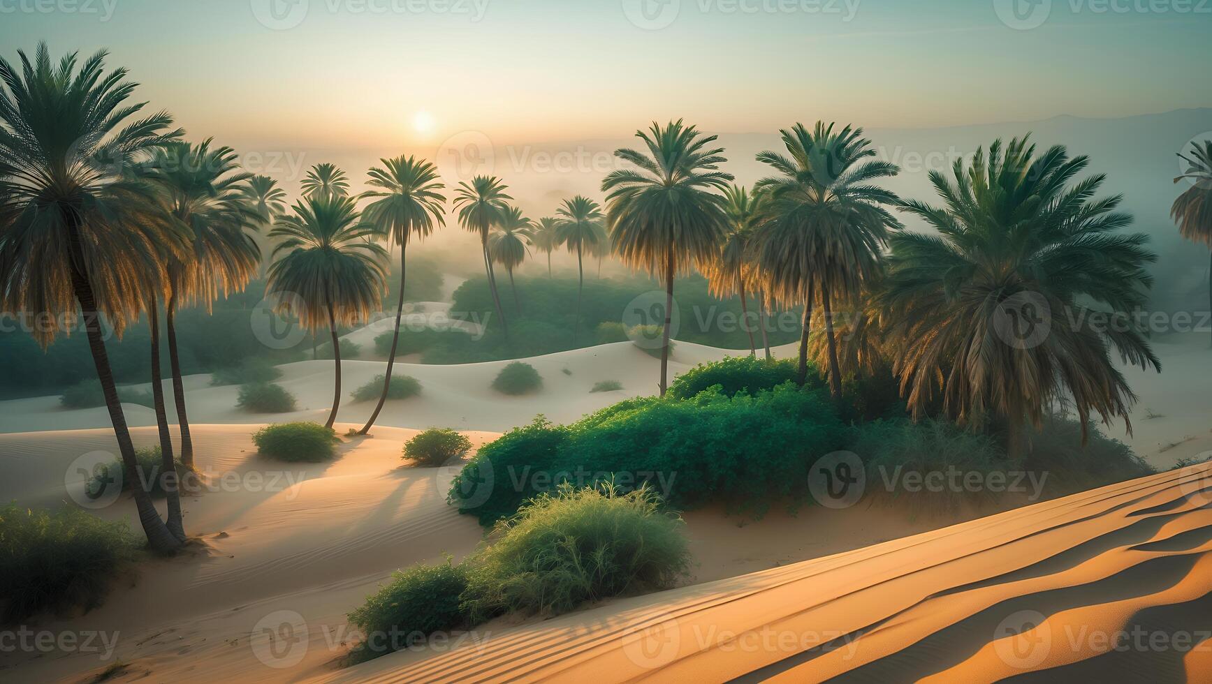 Palm Trees on Sand Dunes in Desert Landscape at Sunset photo
