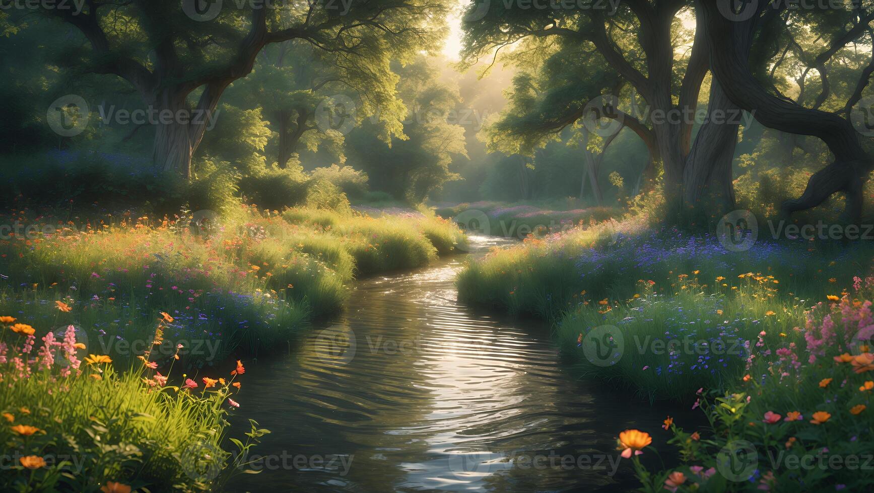 Peaceful River Flowing Through Forest with Wildflowers photo