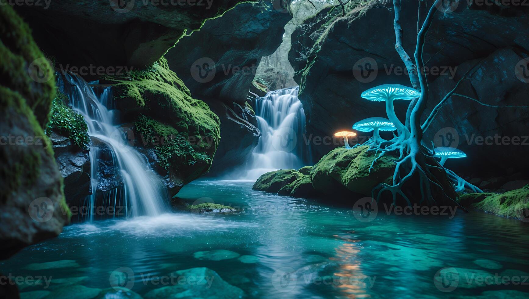 Waterfall and Glowing Mushrooms in Forest Cave photo