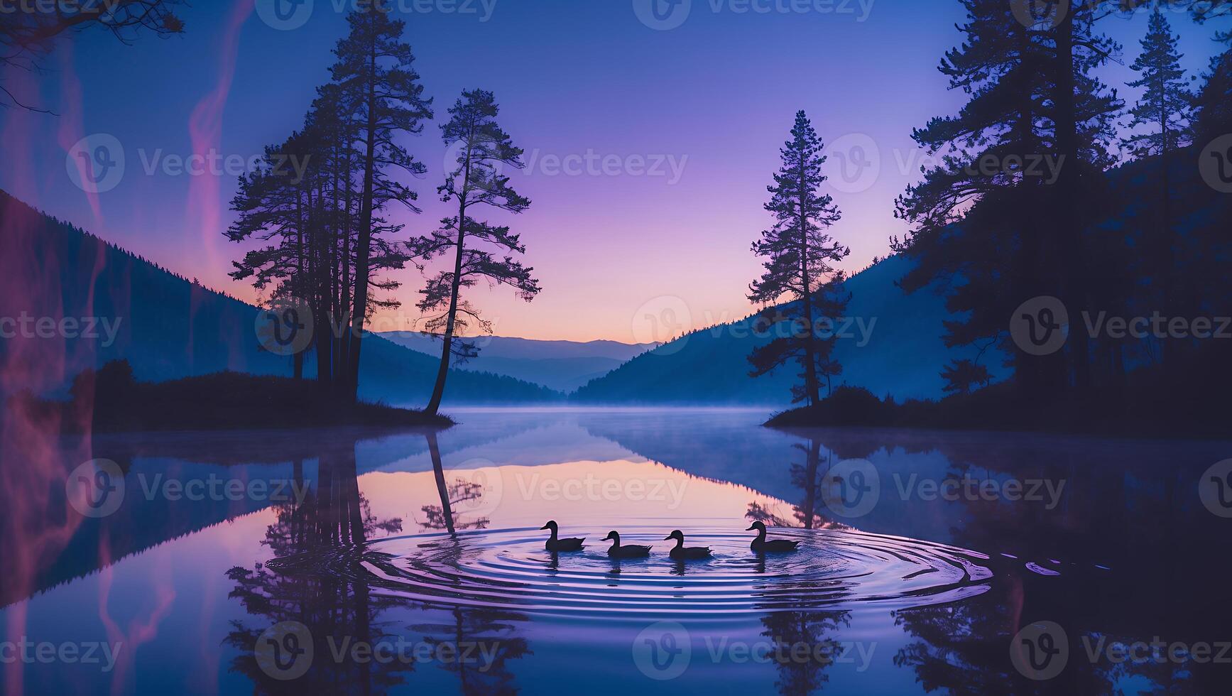 Lake with Ducks at Sunset and Mountains photo
