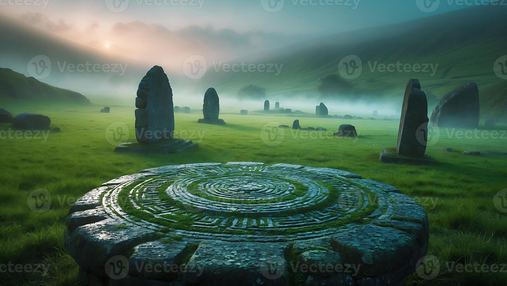 Ancient Stone Circle in Foggy Field photo