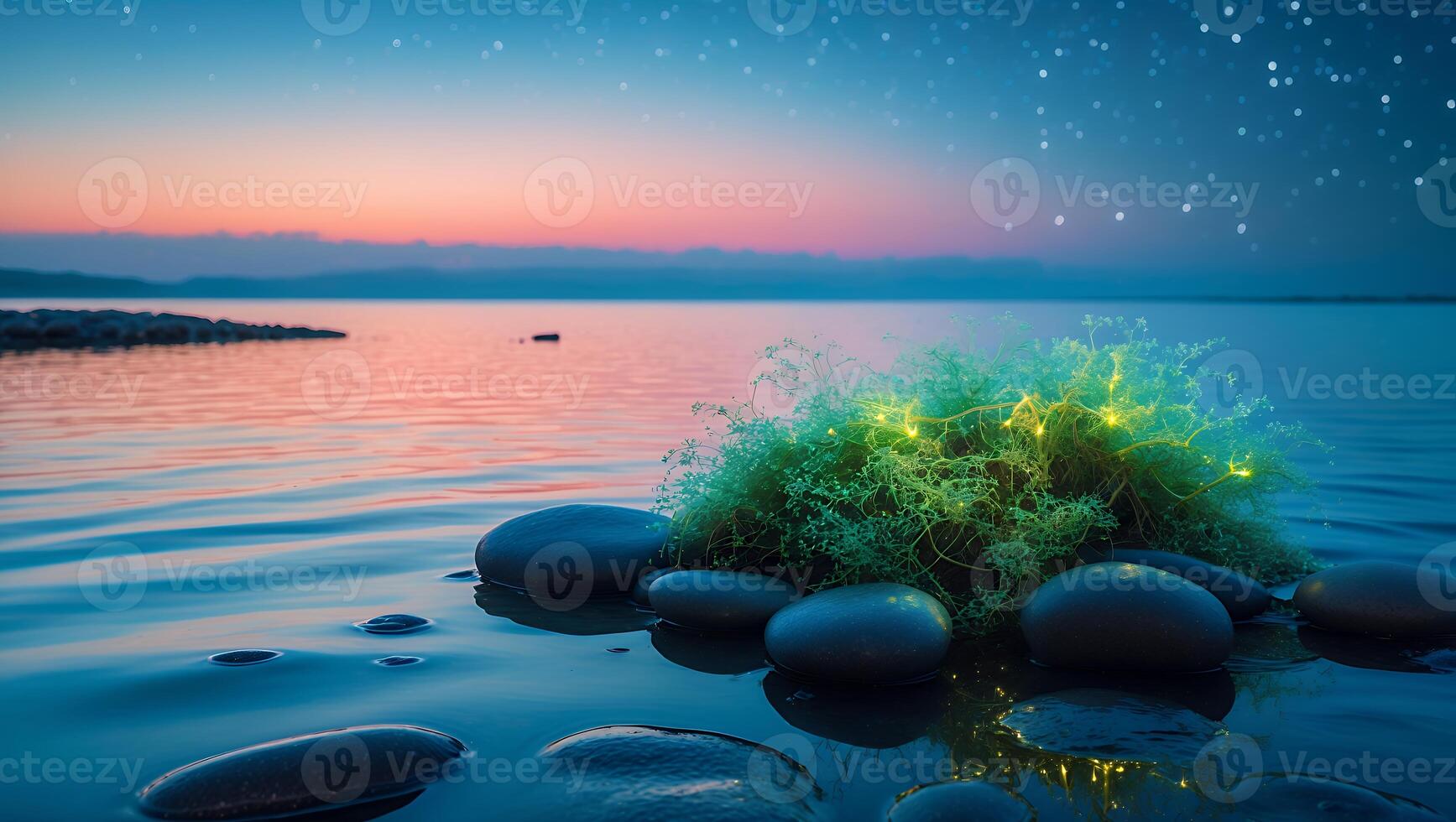 Glowing Plant on Rocks in Water During Sunset photo