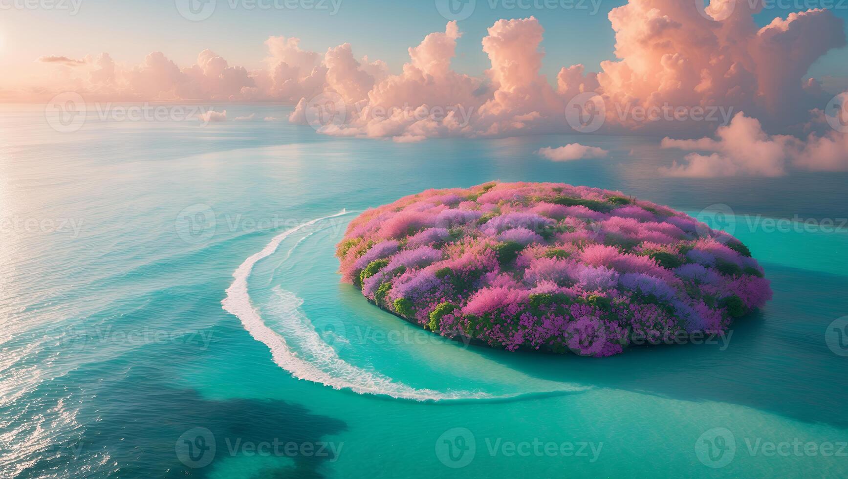 Island with Pink Flowers in Turquoise Water photo