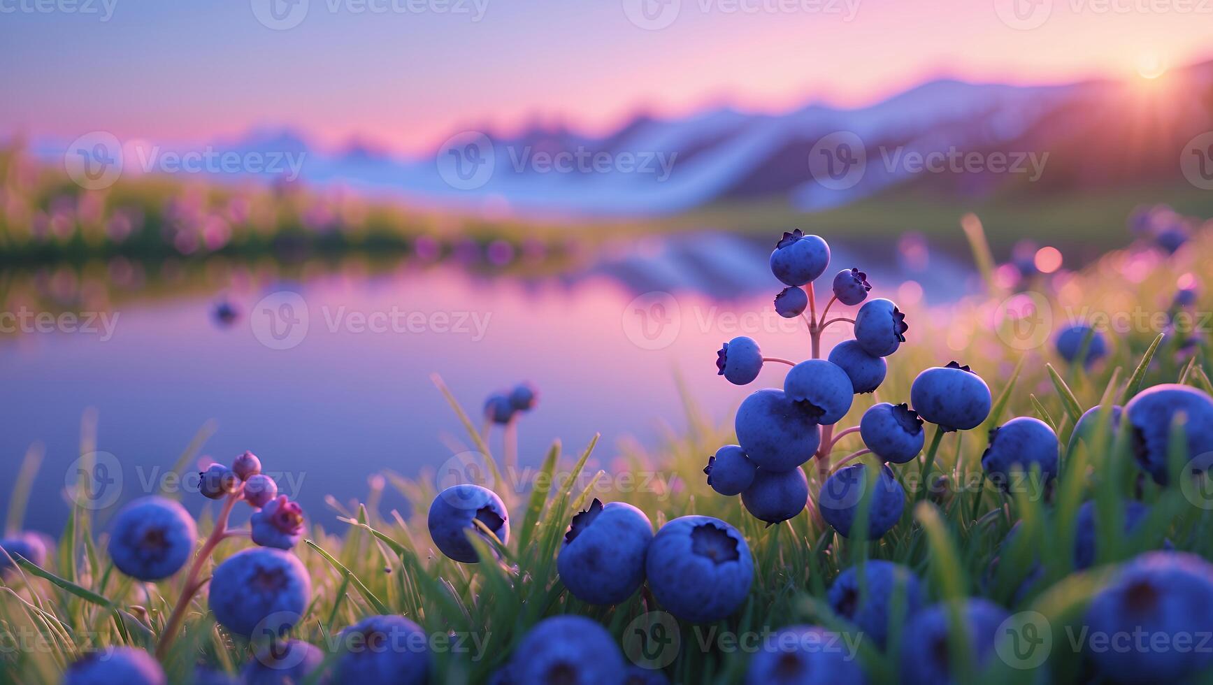 Blueberry Field at Sunrise with Snow Capped Mountains photo