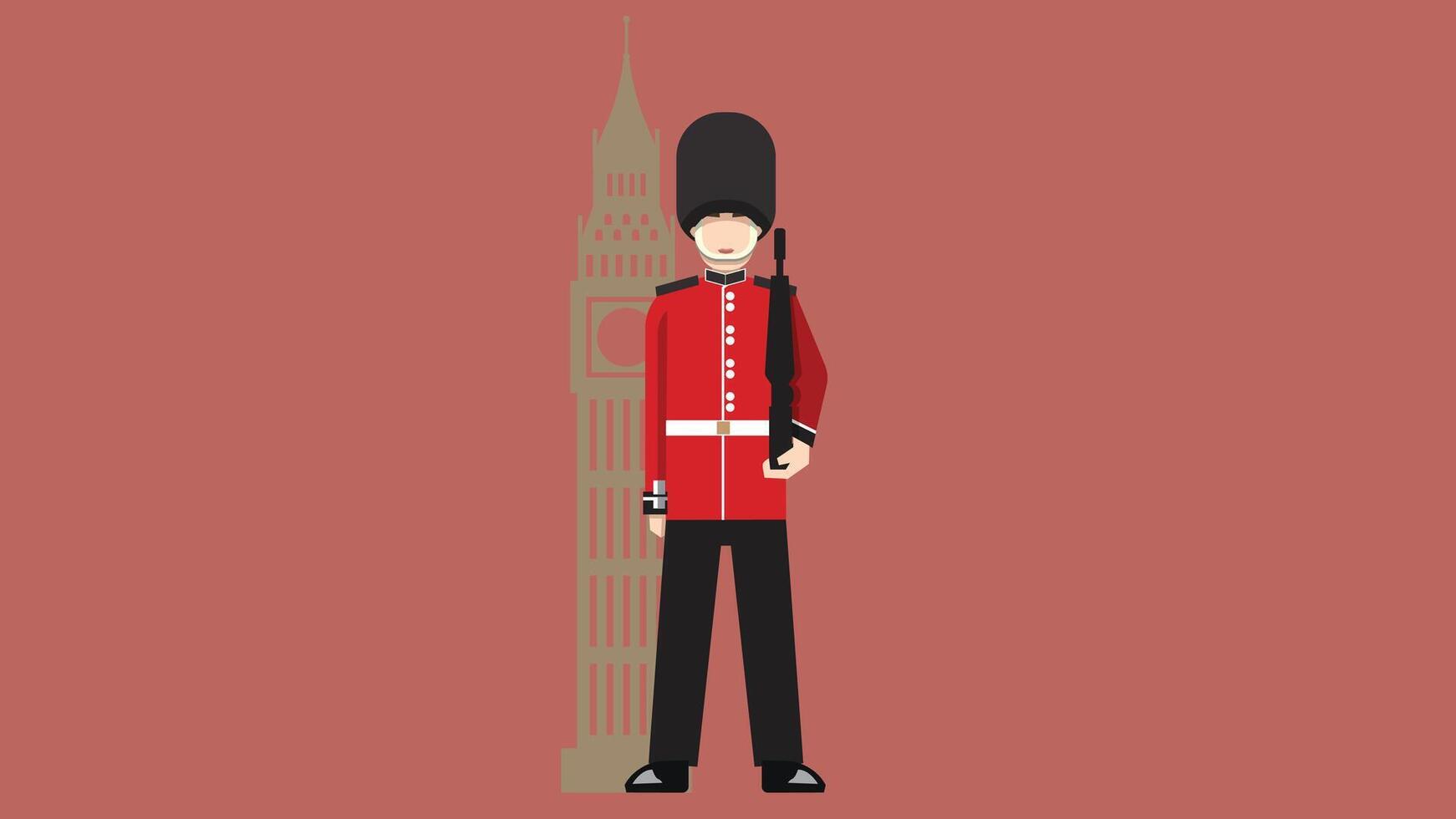 A detailed illustration of the traditional London royal guard, dressed in iconic red uniform, black bearskin hat, and standing in a ceremonial pose vector