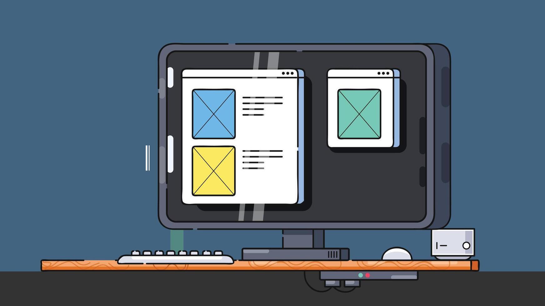 Illustration of a laptop on a desk at night, symbolizing remote work and freelancing, with a calm, focused atmosphere ideal for productivity vector