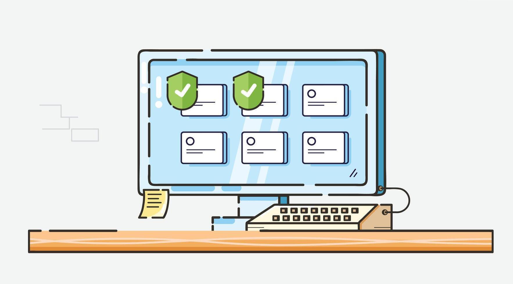 Illustration of a computer monitor displaying a security interface with green shield checkmarks and card icons on a blue screen. The monitor sits on a wooden desk with a keyboard and sticky note. vector