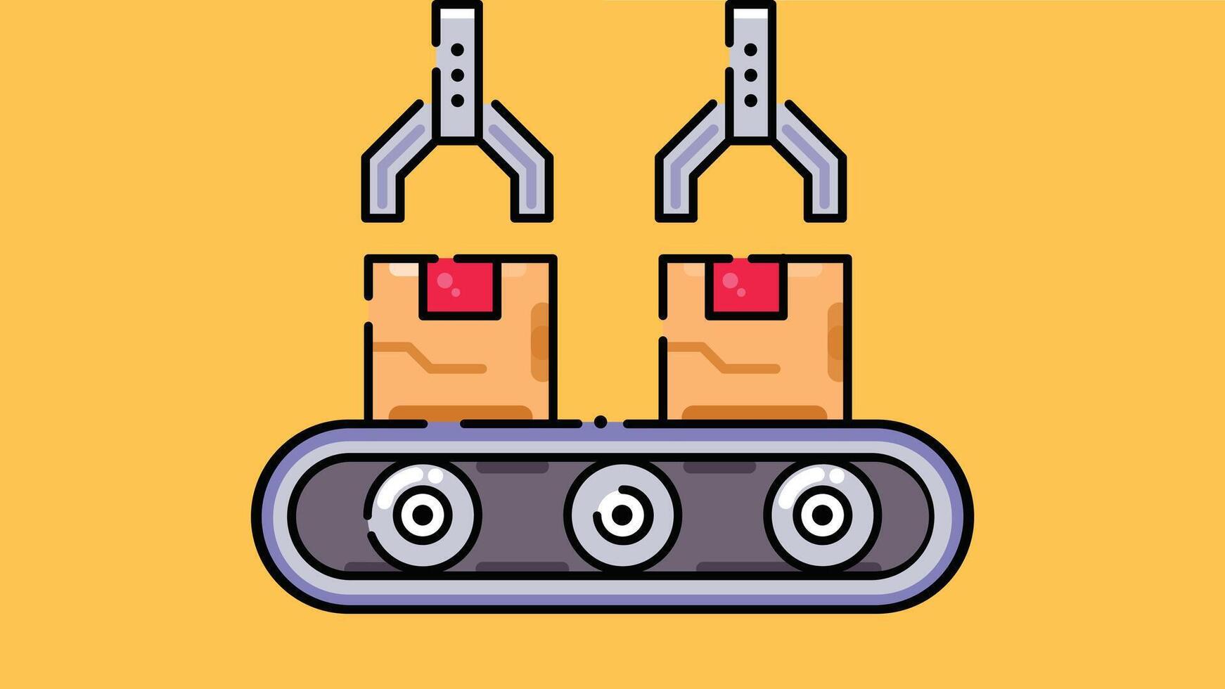 shipping box on a moving conveyor belt with a check mark symbol above it vector