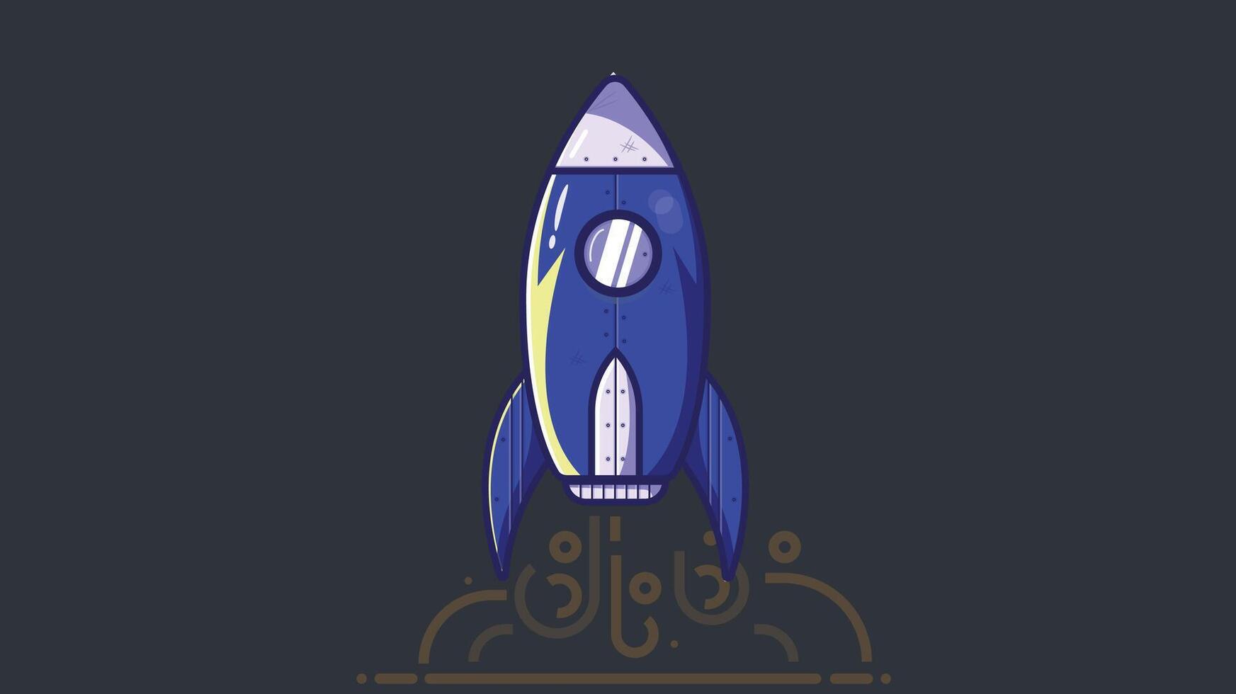Cartoon style illustration of a rocket launching into the night sky with stars and smoke, capturing a playful and imaginative space exploration vector
