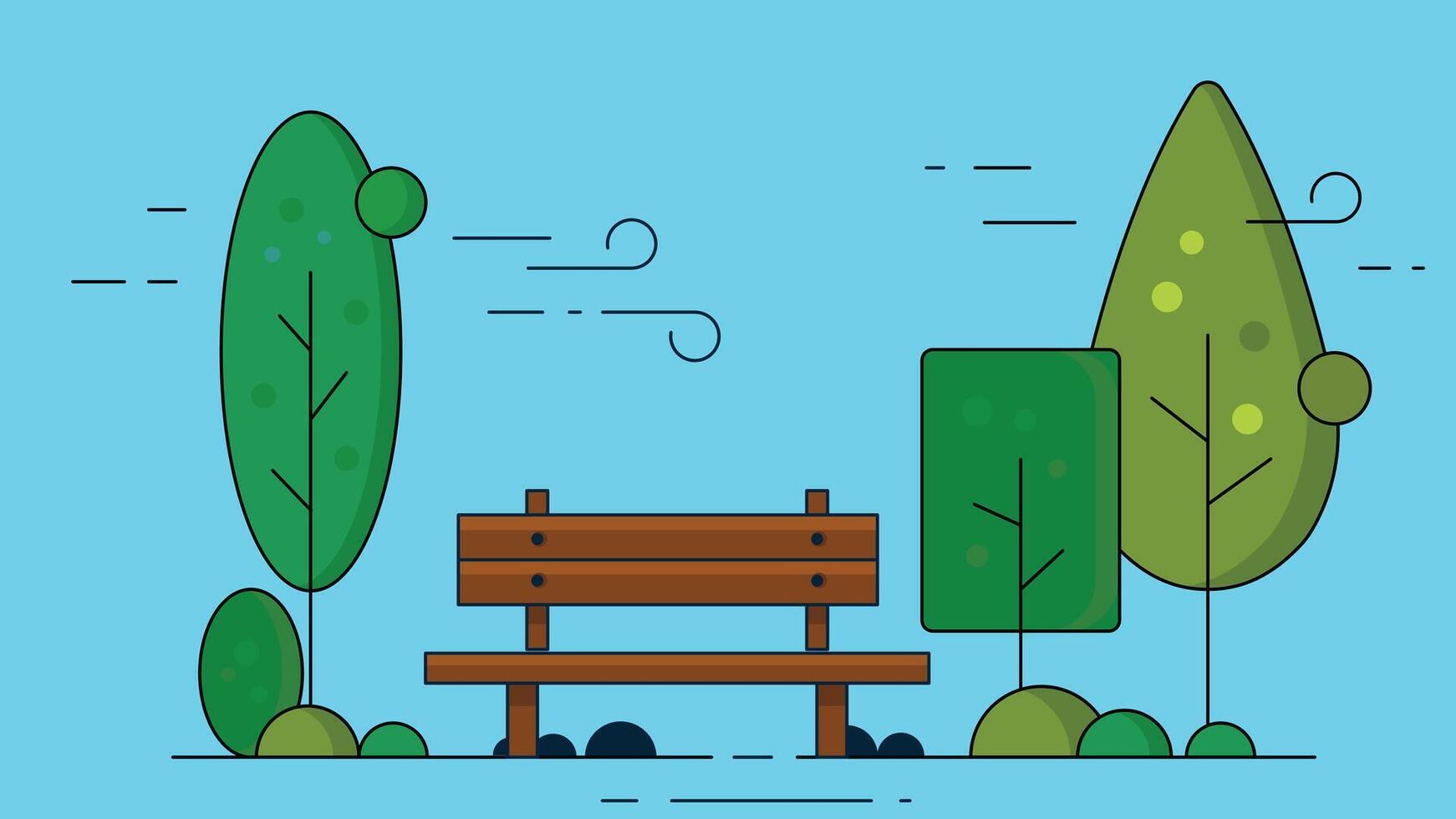 A peaceful garden bench placed among green trees under a clear blue sky, offering a relaxing outdoor setting ideal for rest, reflection, and enjoying nature vector