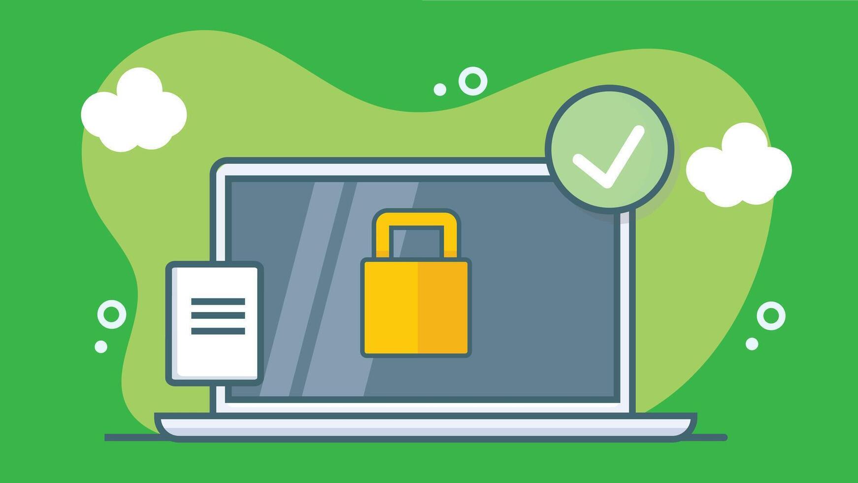 Stylized illustration of a laptop with a cyber security shield displayed on screen, symbolizing protection vector