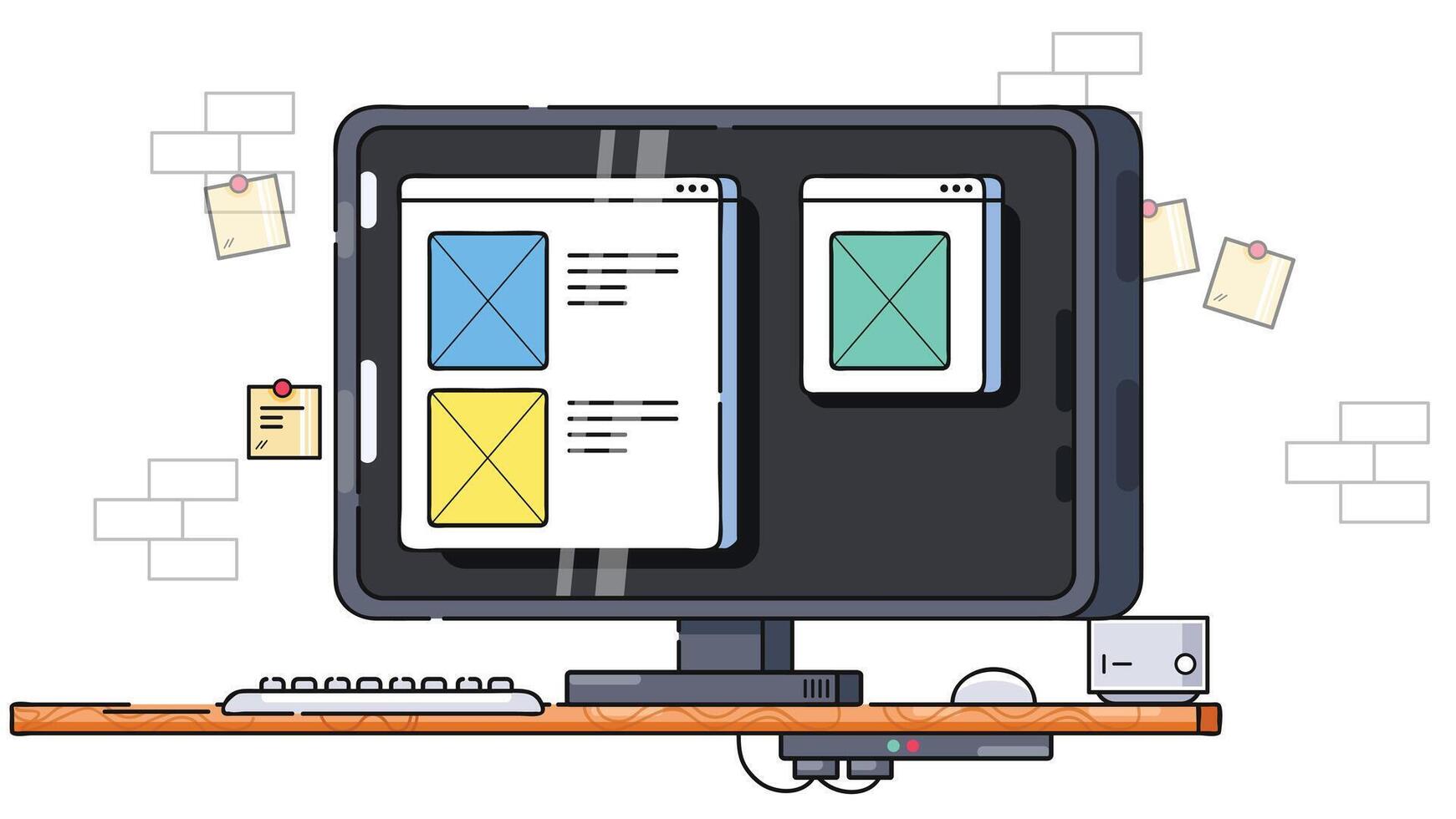 Illustration of a laptop on a desk at night, remote work and freelancing, with a calm, focused atmosphere vector