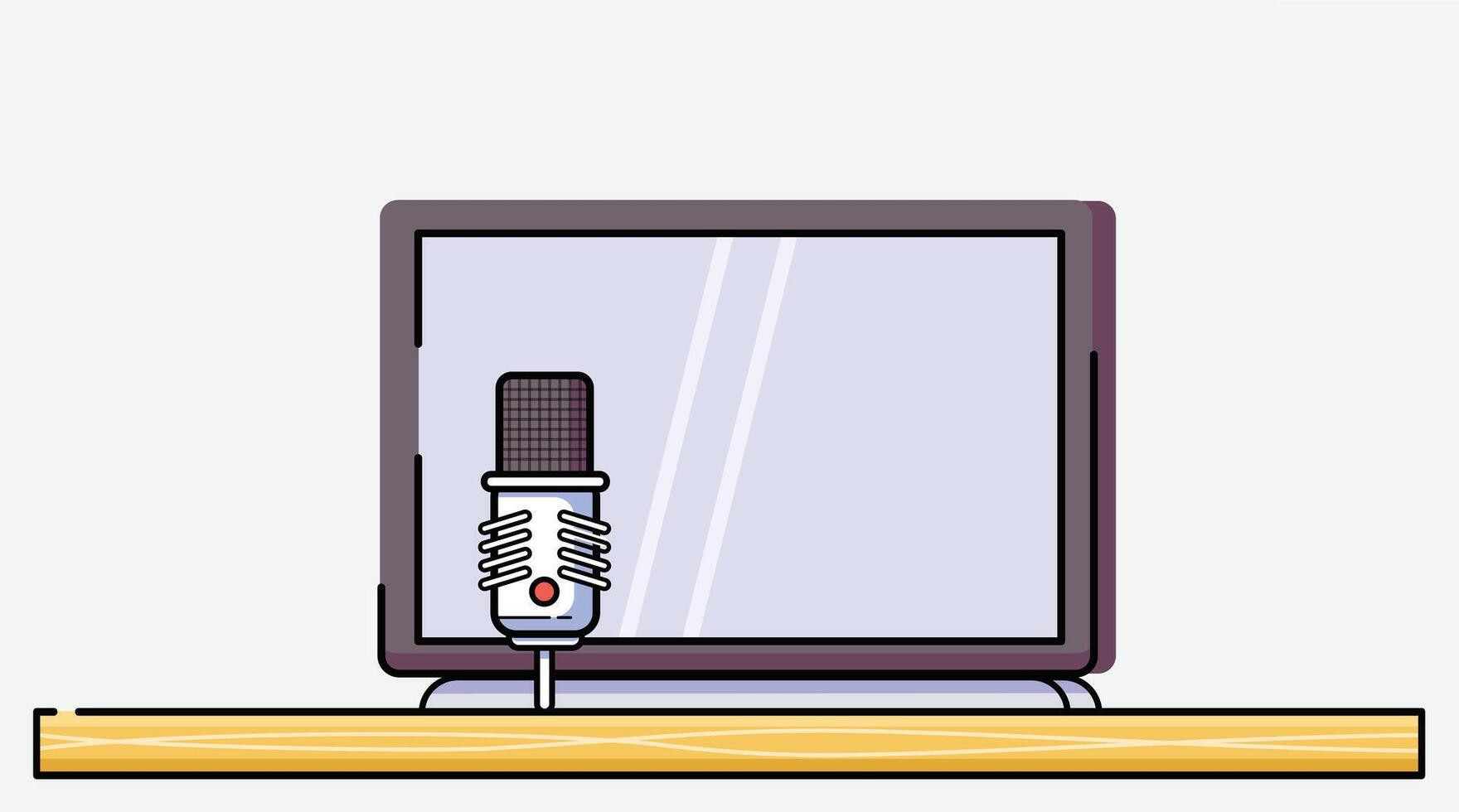 Laptop placed on a desk with an external podcast microphone beside it, ideal for recording, streaming, or remote communication in a home or studio setting vector