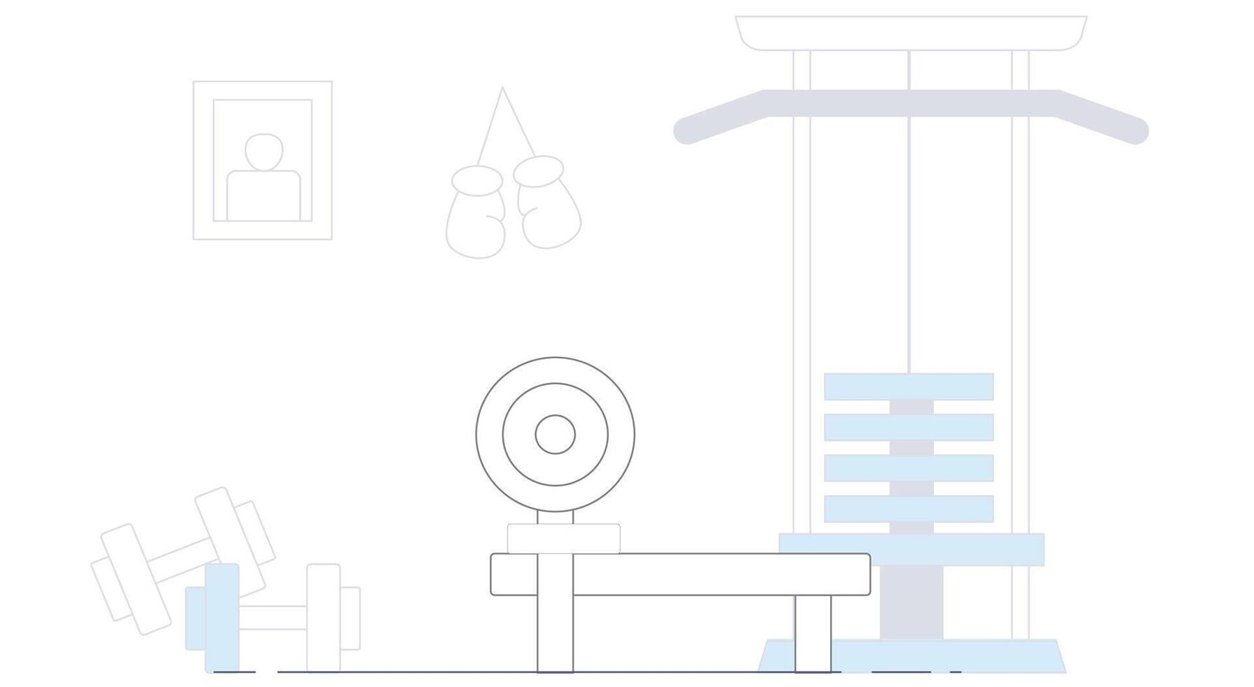 outline illustration of a gym background, featuring gym equipment such as weights, treadmills, and exercise mats vector