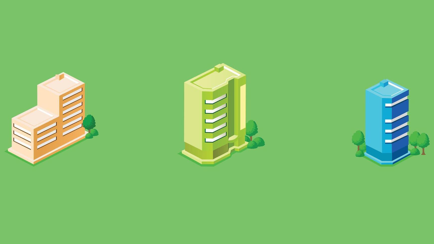 Isometric illustration of city buildings designed as game assets, featuring various architectural styles, streets, and urban elements arranged in an isometric perspective 04 vector