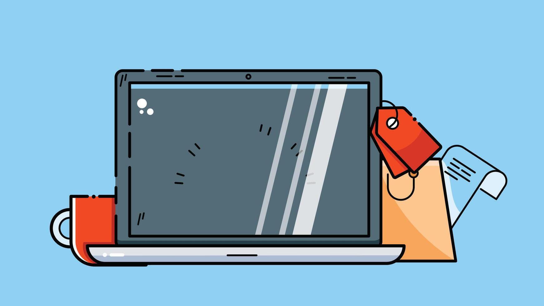 illustration of a laptop screen displaying a shopping sale coupon and bill, representing online shopping, discounts, digital receipts vector