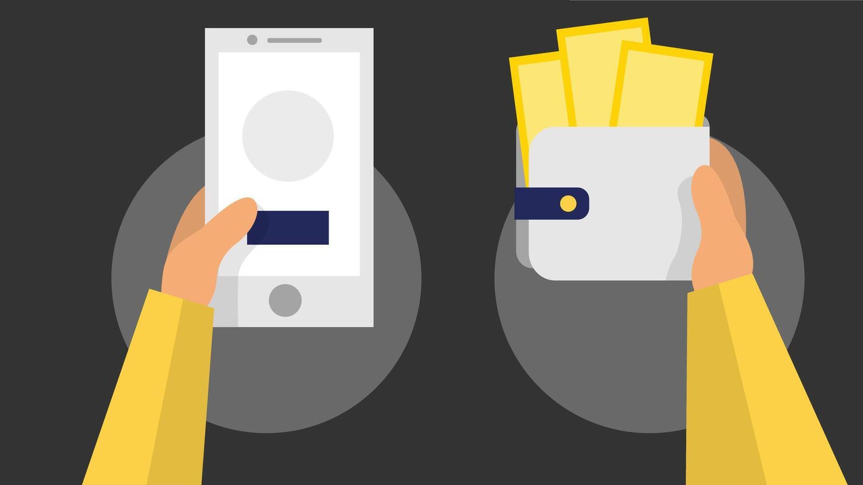 A side-by-side visual comparing a traditional leather wallet with a digital wallet on a smartphone, highlighting the evolution of money storage and financial technology vector