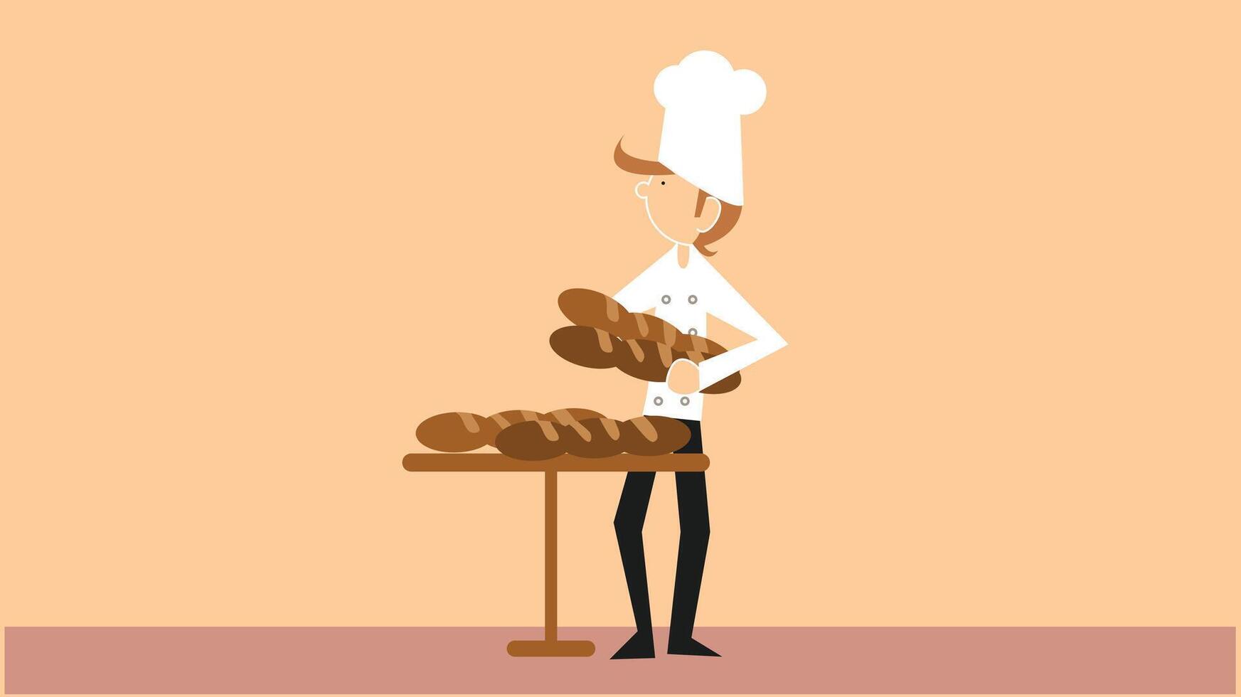 Illustration of a French chef preparing baguette bread on a table with traditional attire and kitchen setup, emphasizing classic French baking and culinary atmosphere vector