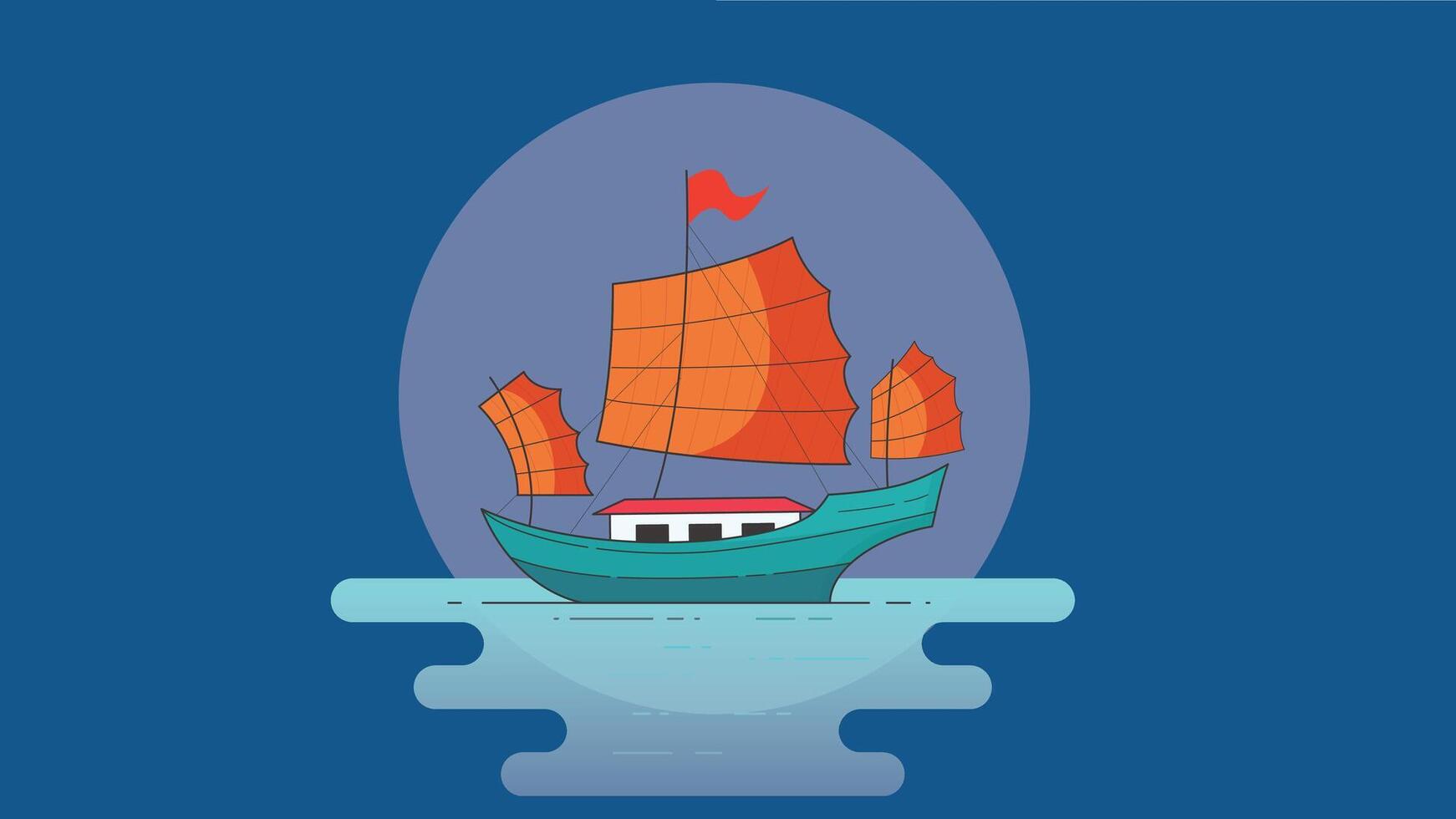 Illustration of traditional Chinese old ships sailing in the sea, showcasing the historic maritime vessels with distinct sails, set against the calm blue ocean background vector
