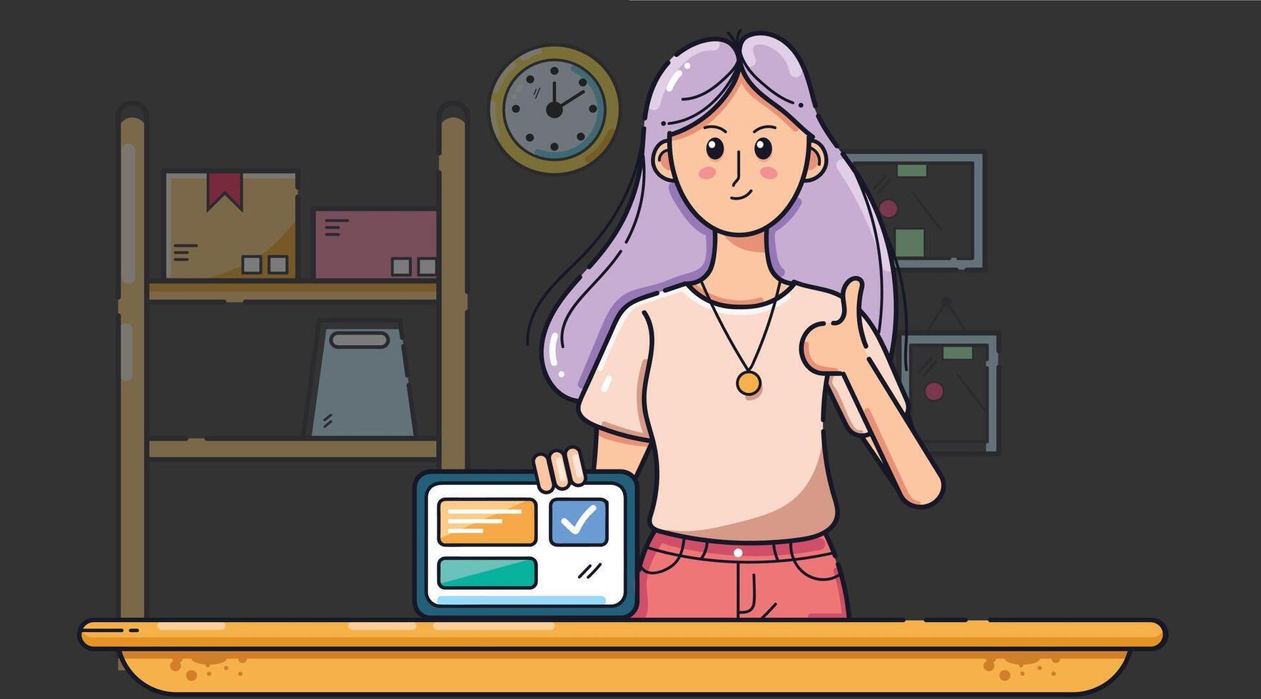 A customer service sales person working on a laptop in a store, assisting a customer and offering support with product inquiries vector
