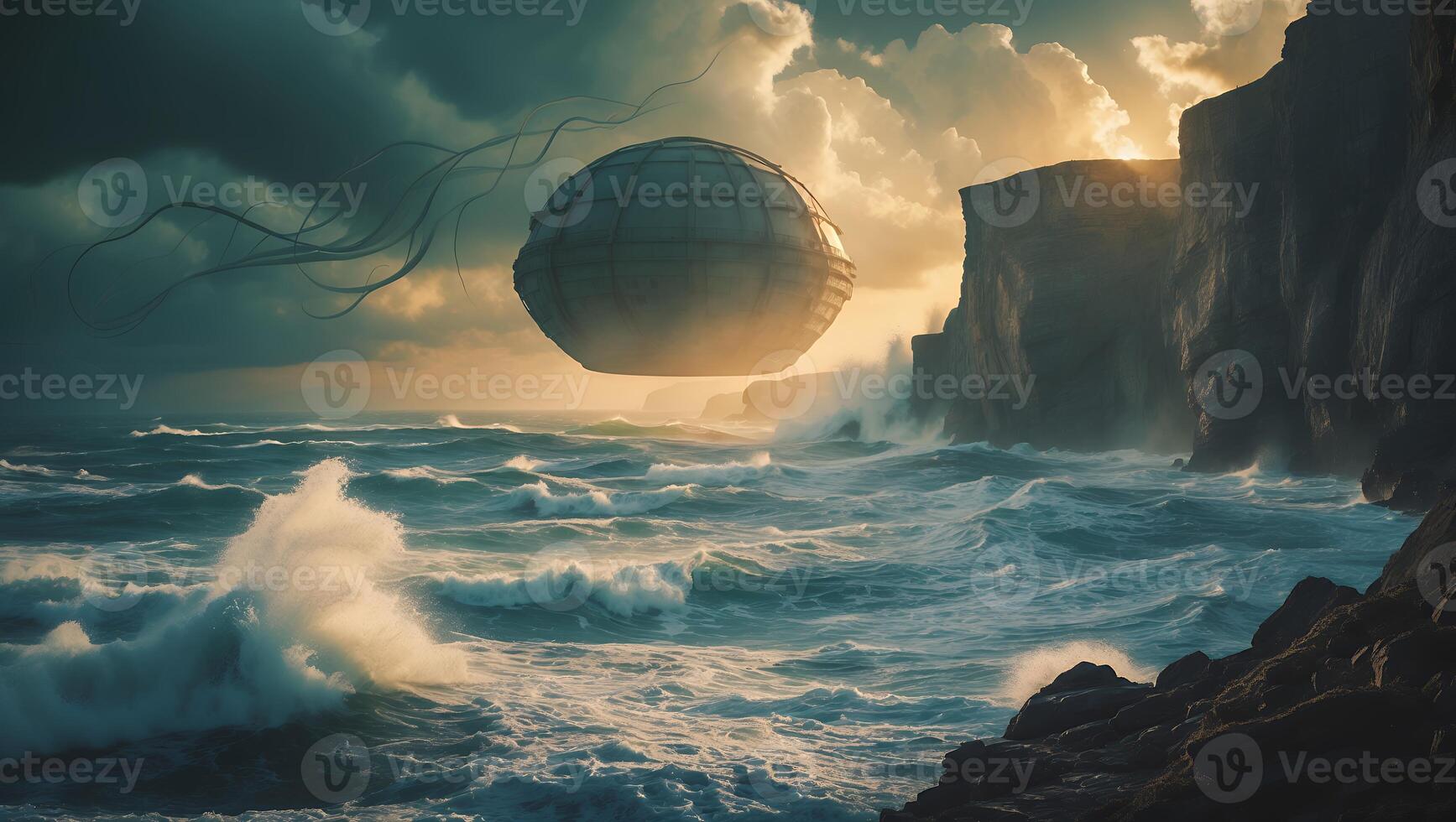 Sphere Floating Above Ocean Wave Near Cliff photo