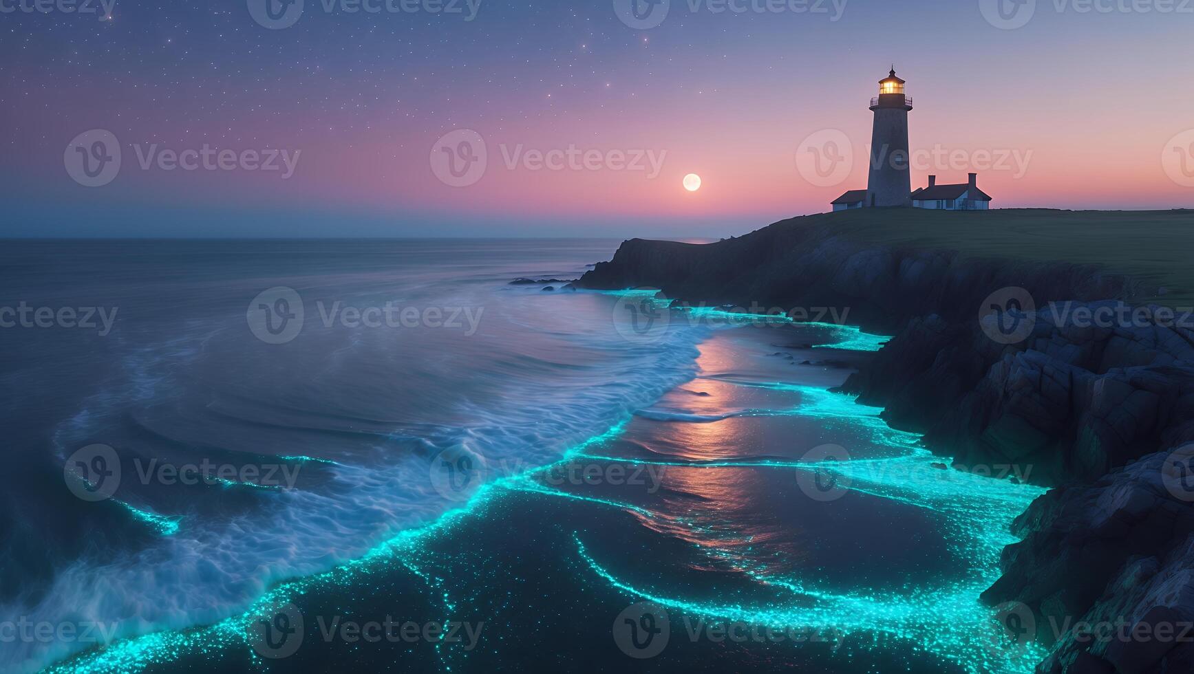 Lighthouse at Night with Bioluminescent Waves and Moon photo