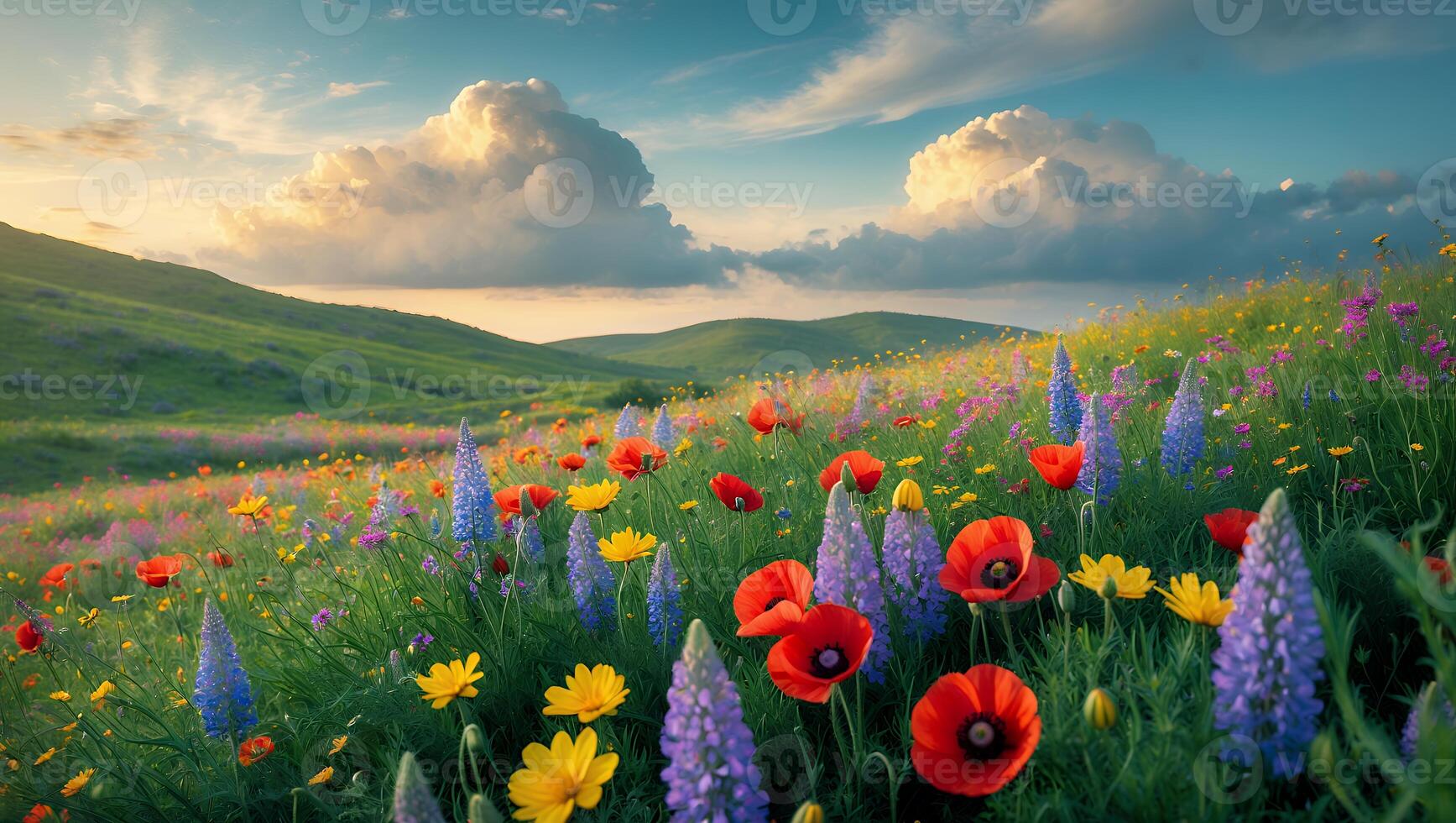 Wildflower Meadow in Bloom Under Cloudy Sky photo