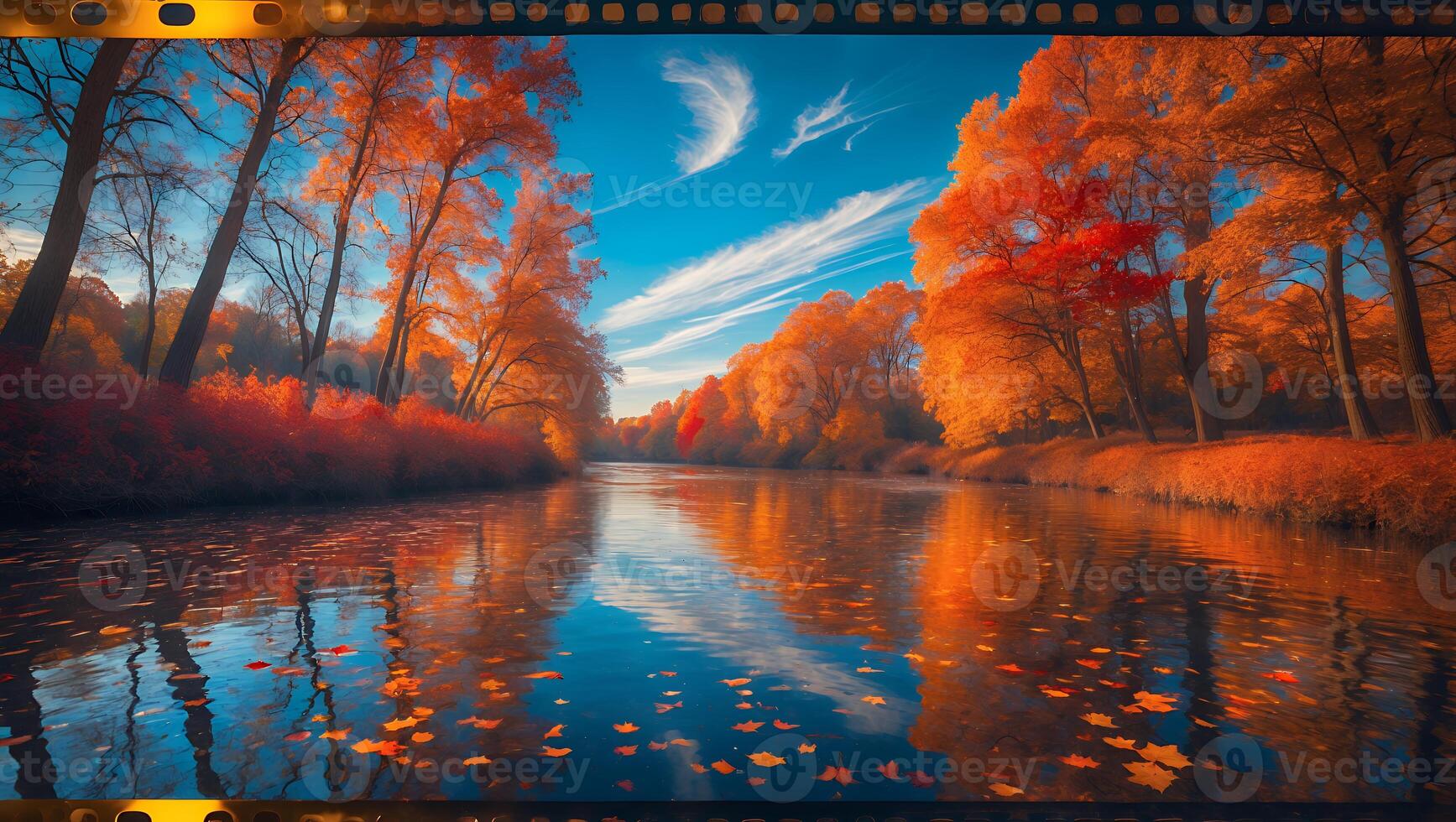 Autumn River Landscape with Colorful Leaves and Sky photo