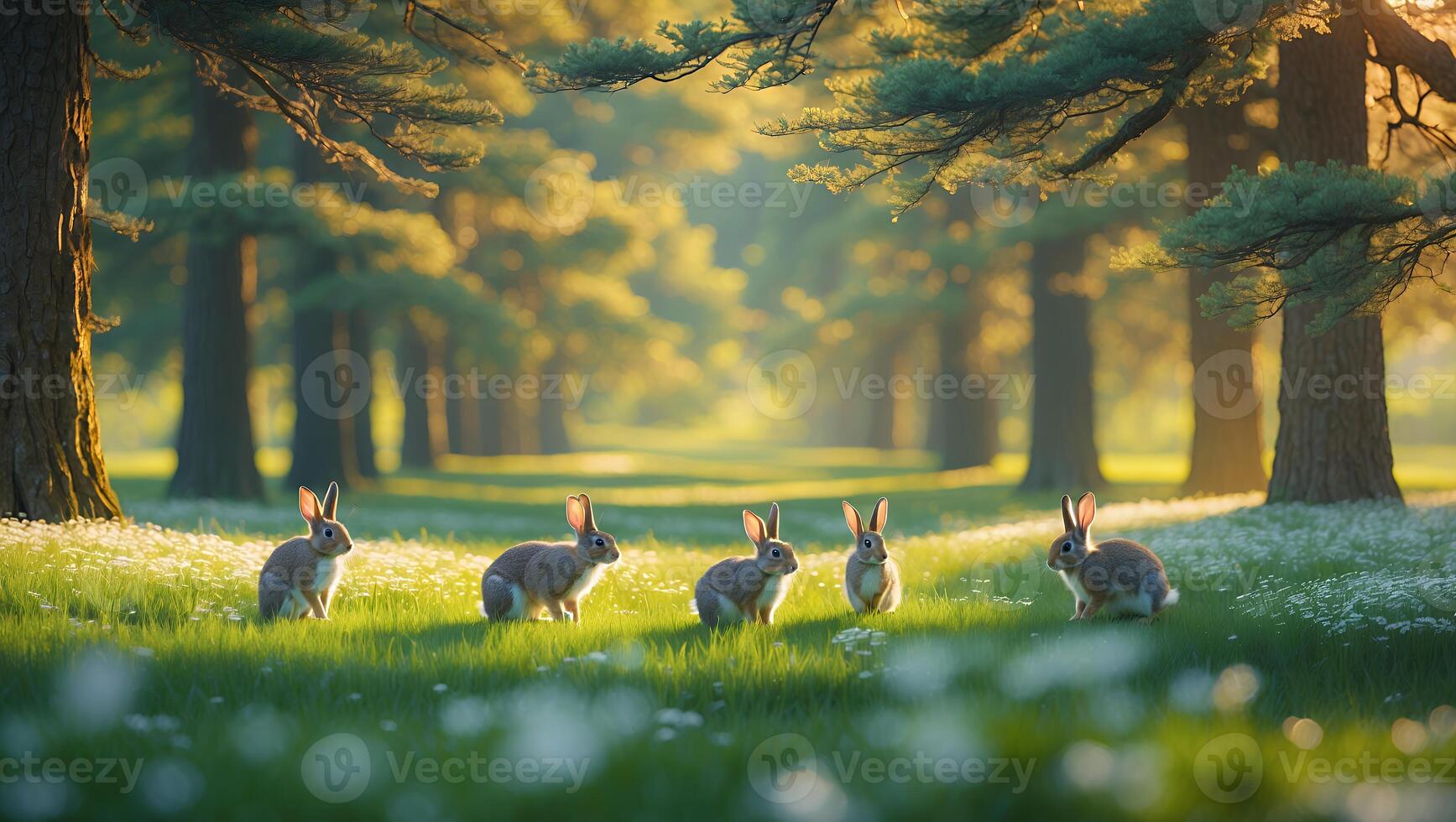Rabbit in Grassy Field with Trees photo