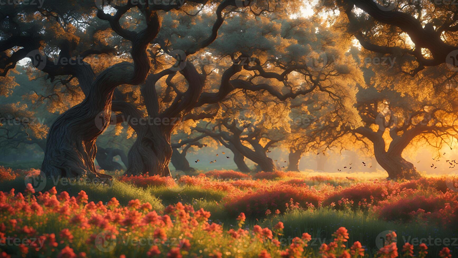Tree in Field with Flower and Bird photo