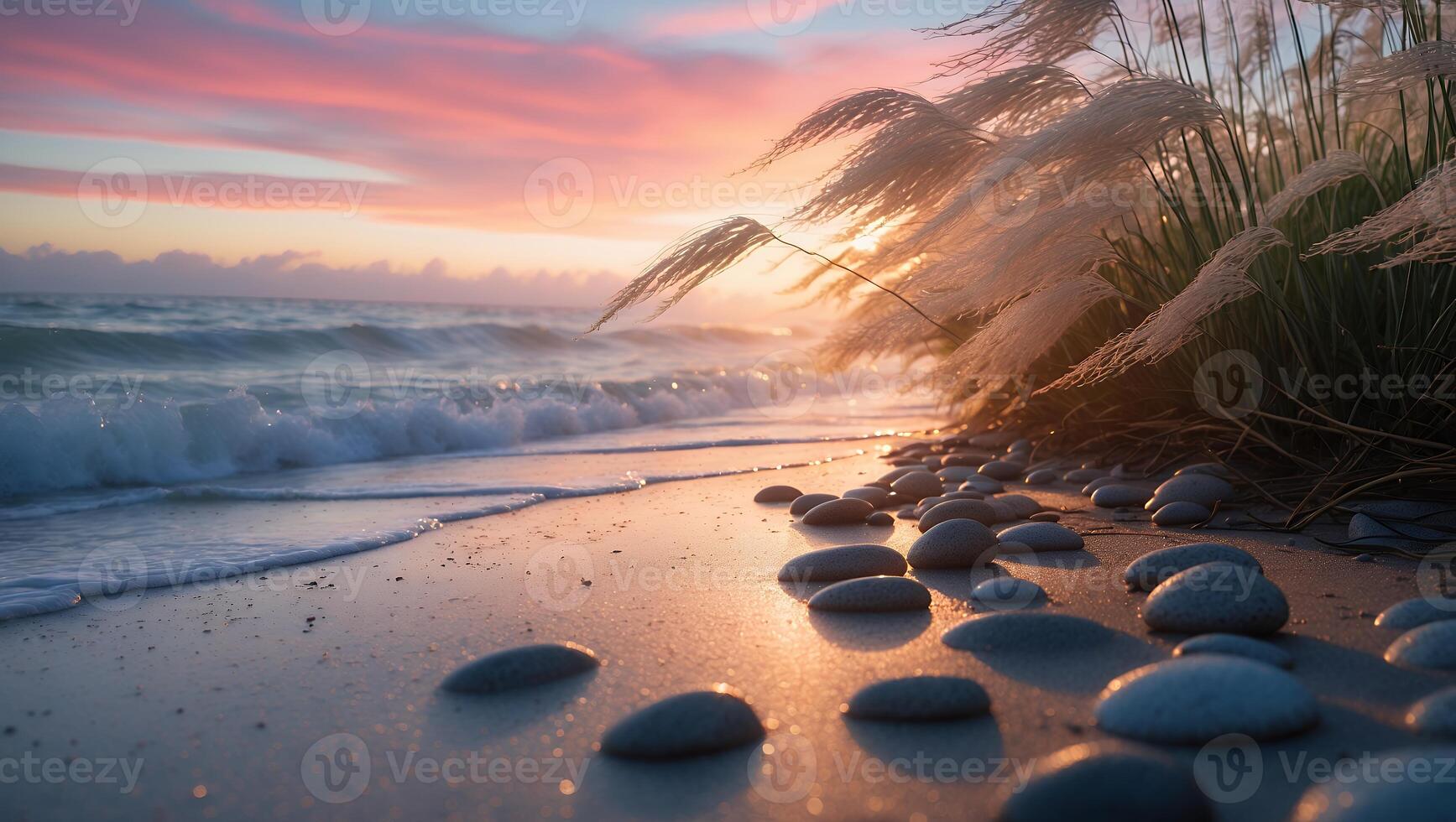 A sunset on the beach with rocks and grass photo