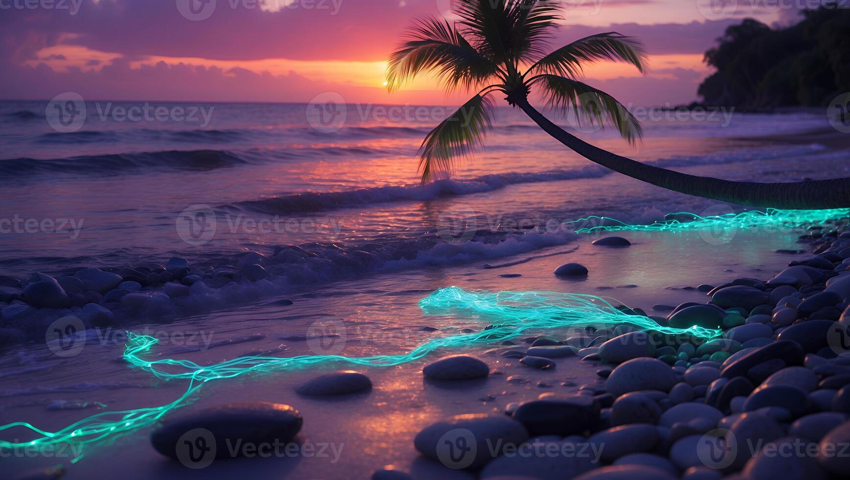 Tropical Beach with Palm Tree, Sea, and Glowing Light photo