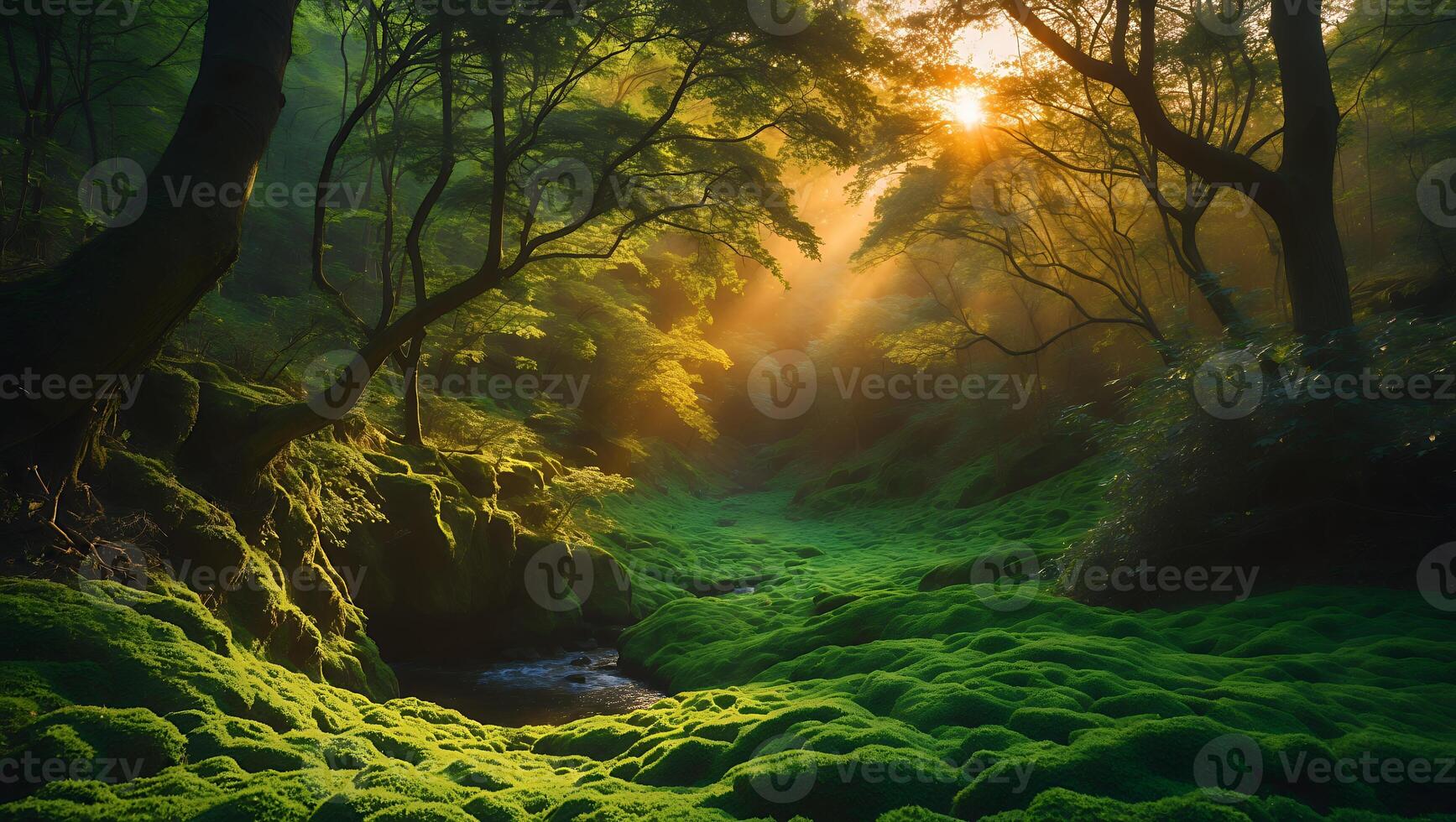 Lush Moss Forest with Stream and Sun Rays photo