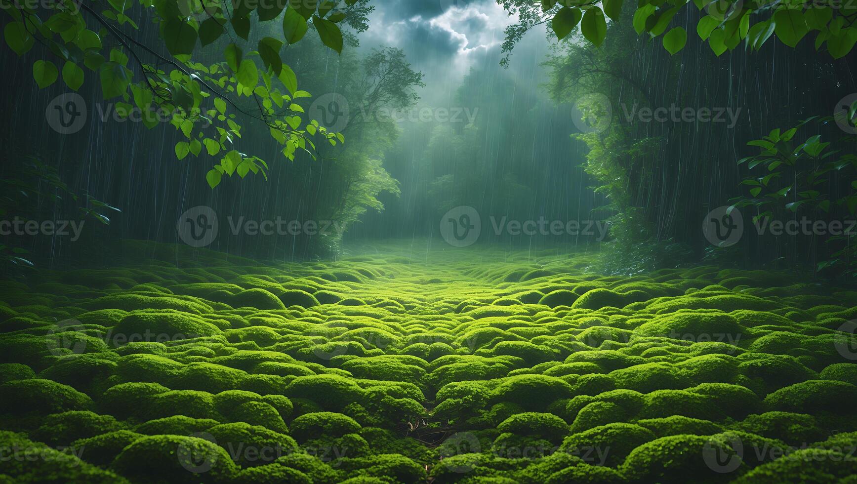 Mossy Forest Scene in Rain photo