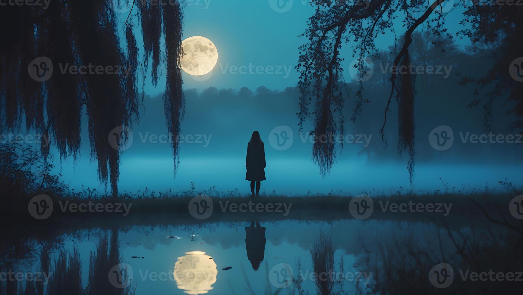 Woman Stands Near Lake Under Moonlight photo