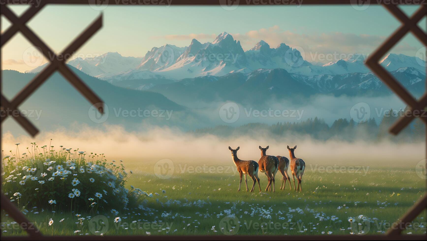 Deer in Mountain Meadow View From Window photo