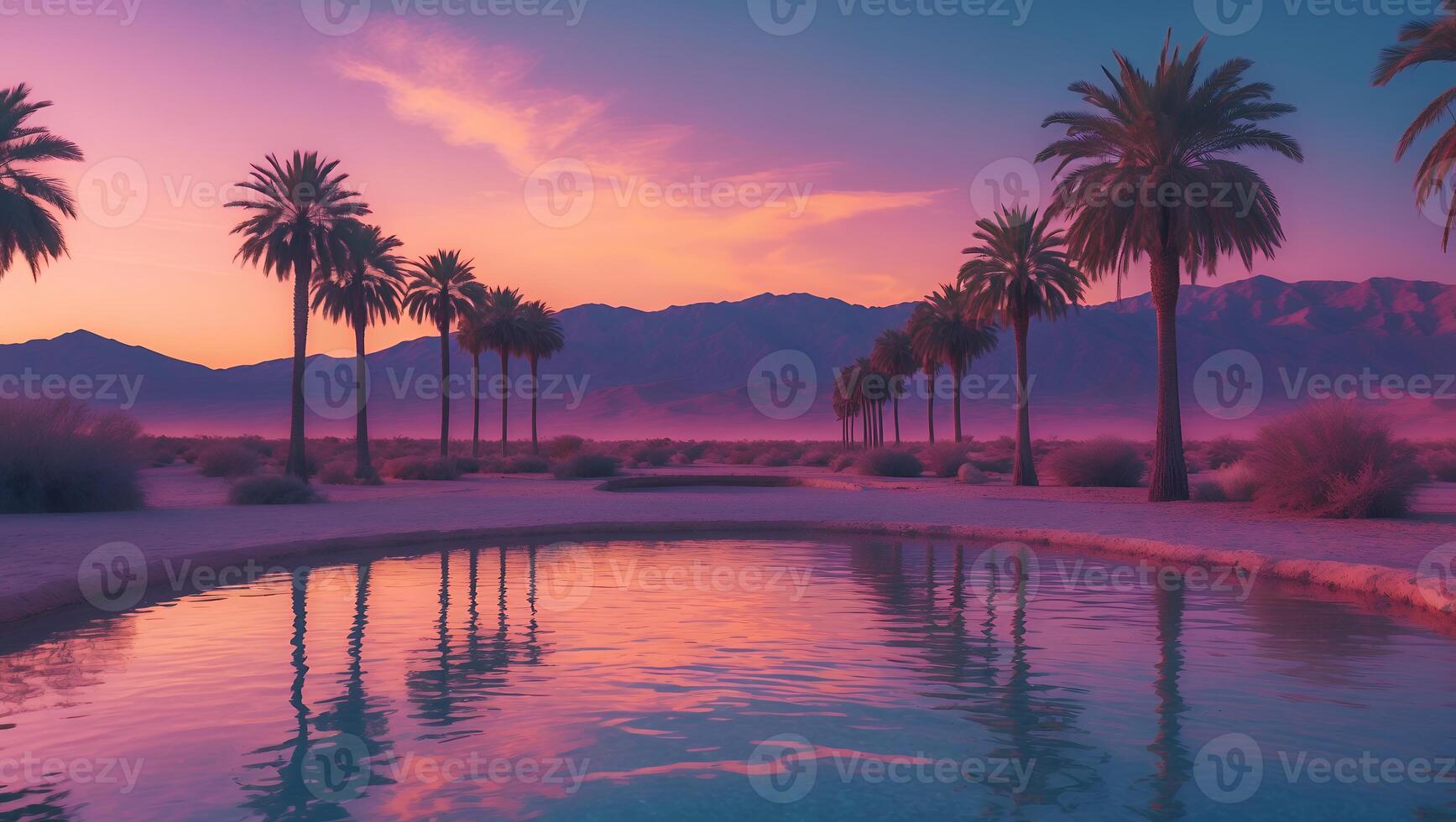 Palm Trees Reflected in Water at Sunset photo