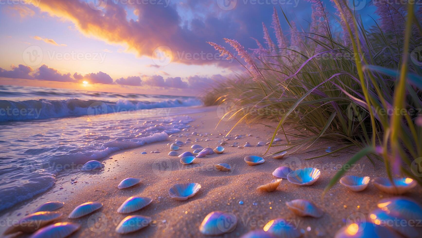 A beach with shells and grass on the sand photo