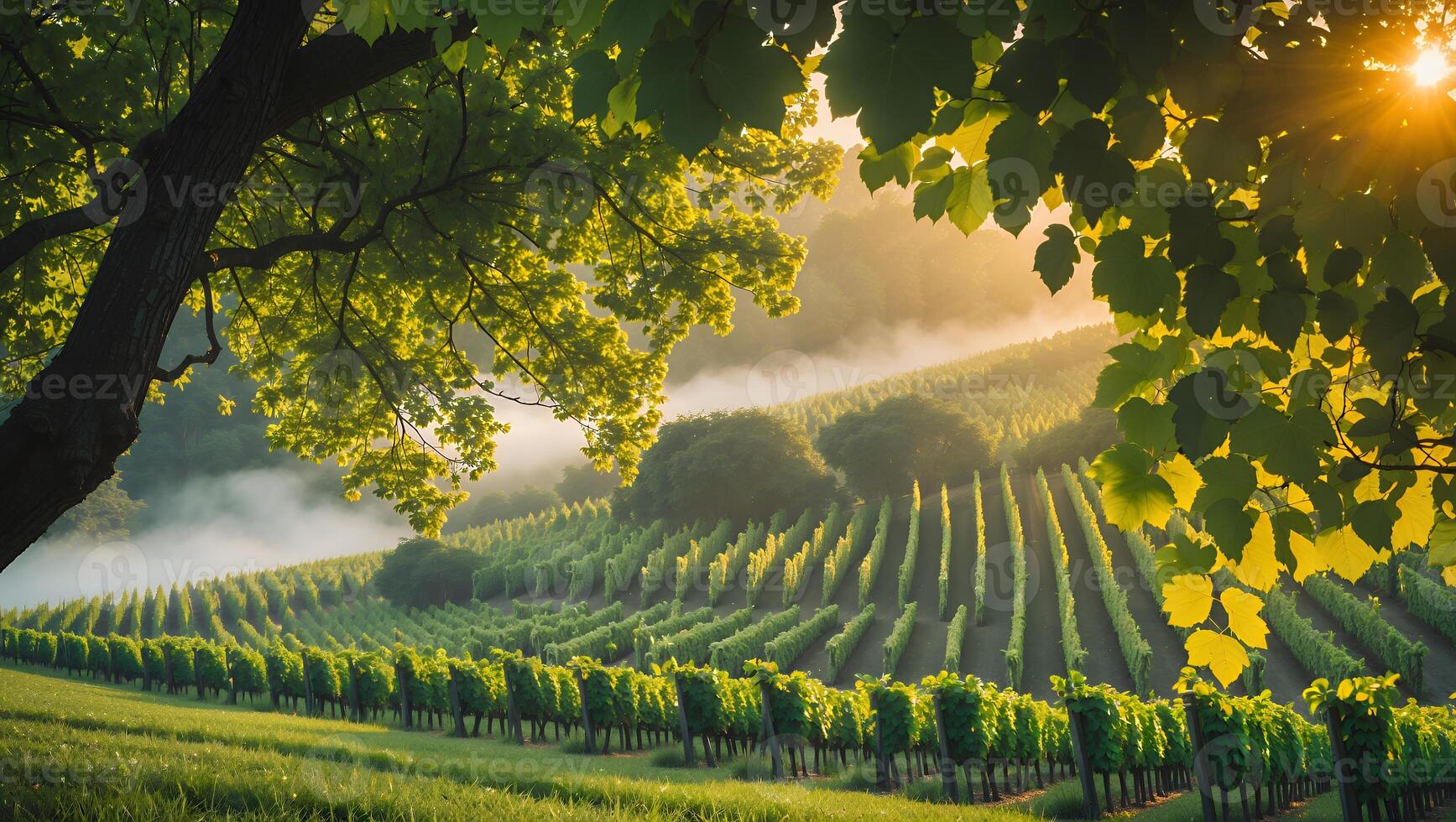 Vineyard Landscape with Fog and Sunlight photo