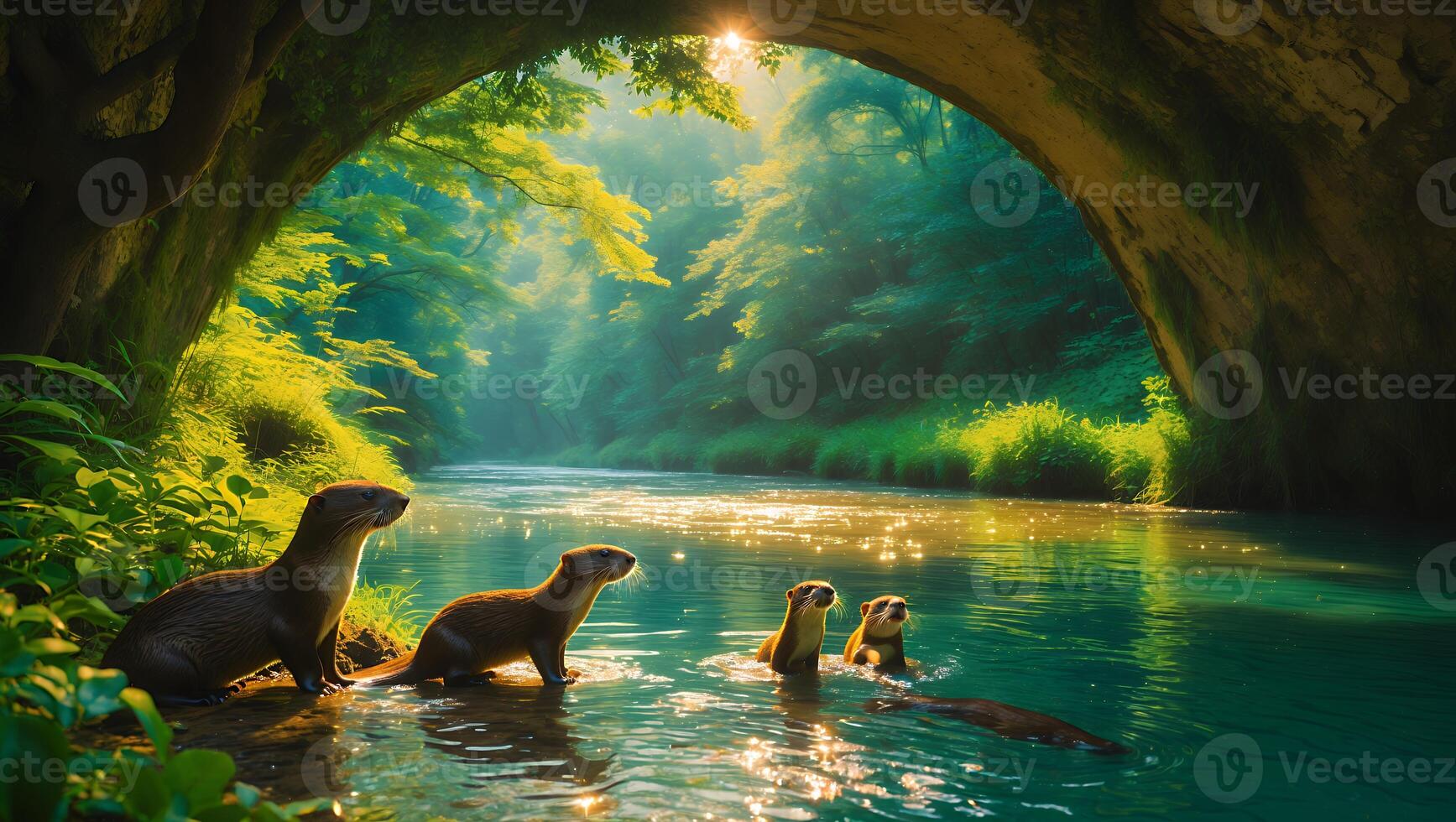 Otter Family in Green River Under Stone Bridge photo