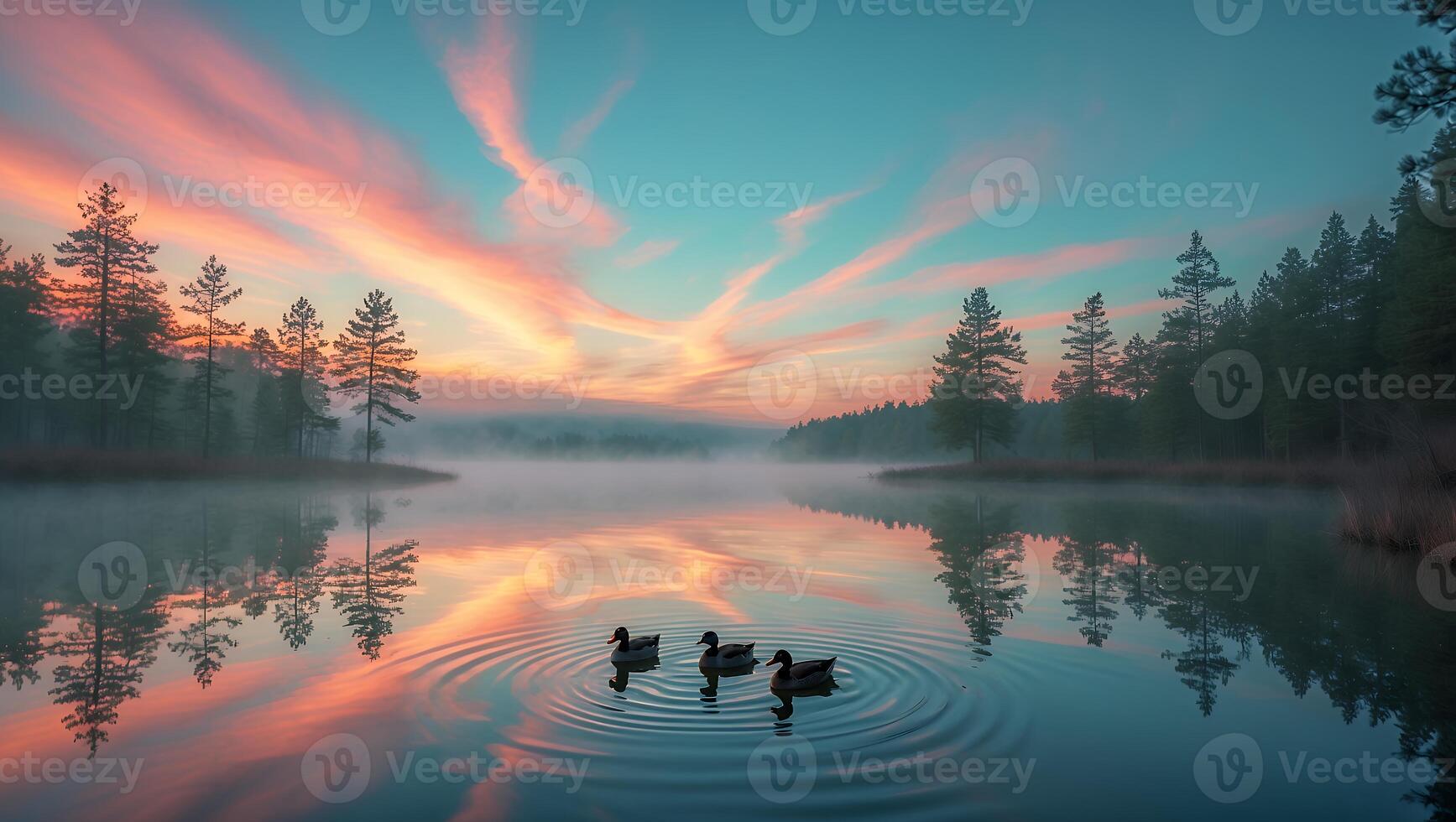 Ducks on Lake at Sunset with Forest Reflection photo