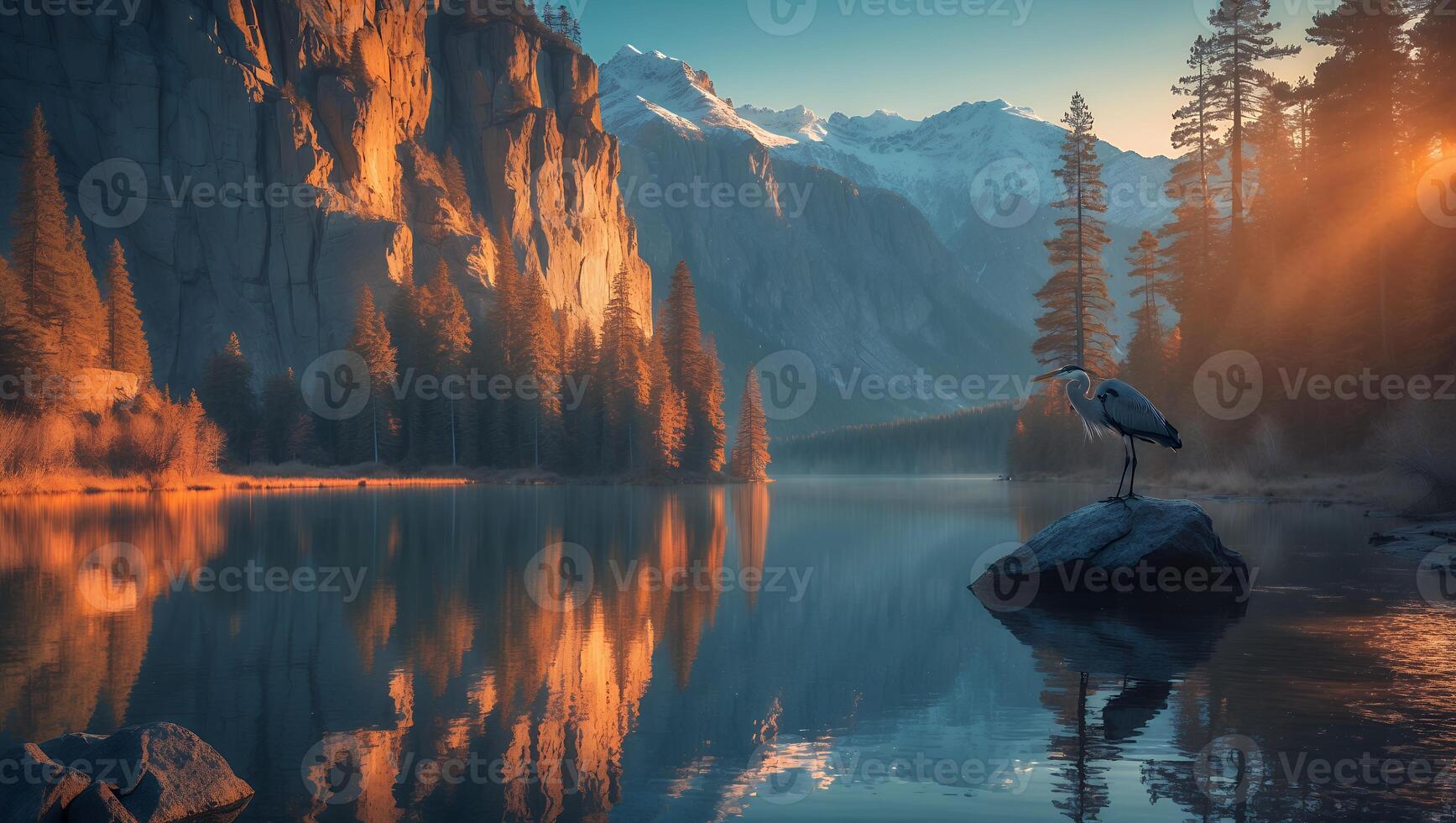 Heron on Rock in Lake with Mountain View photo