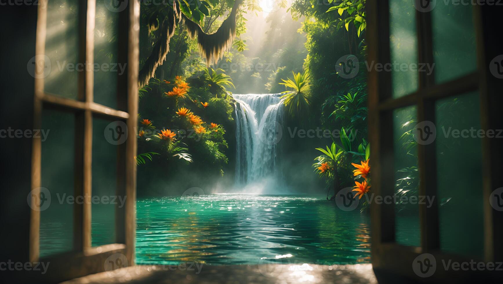 Waterfall Through Window View in Tropical Setting photo